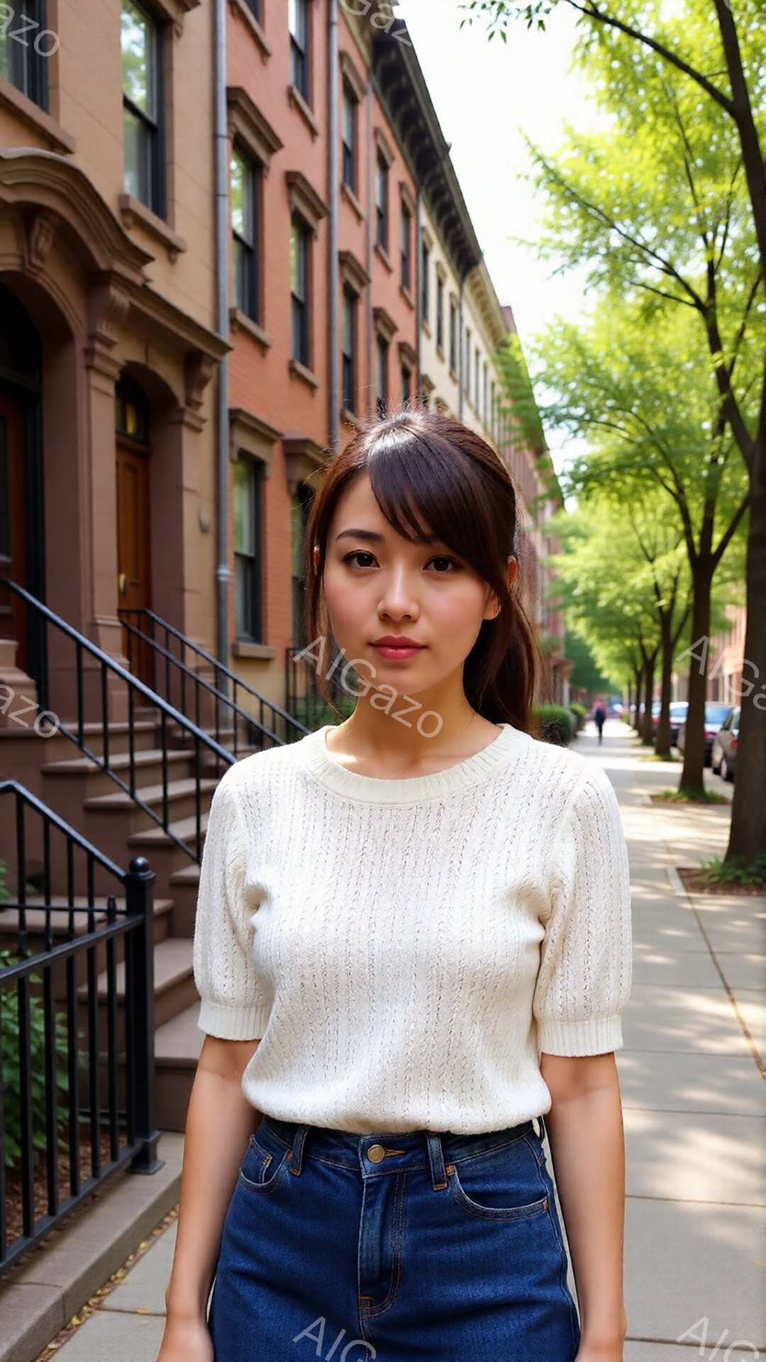 若い女性がレンガ色の建物が並ぶ通りでポーズをとっています。オフホワイトのニットトップスにデニムのジーンズを着用し、前髪を下ろしたロングヘアは肩にかかっています。彼女は穏やかな表情で、日差しが柔らかく、 - AI生成フリー素材