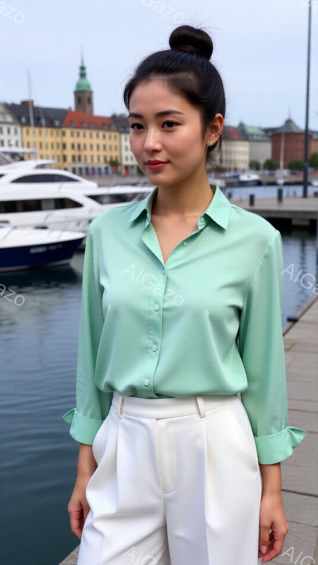 若い女性がターコイズブルーの長袖シャツと白いワイドパンツを着用し、桟橋でポーズをとっています。彼女は髪を後ろでまとめ、穏やかな笑顔を浮かべています。背景には、色とりどりの建物と停泊中のボートが見え、晴れた日の穏やかな雰囲気を醸し出しています。