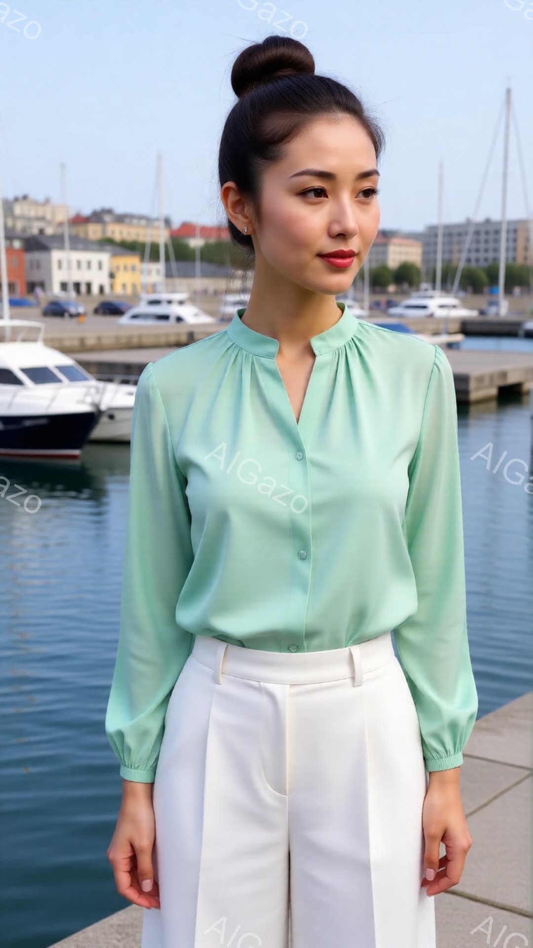 明るい緑色のブラウスと白いパンツを着用した女性が、港の遊歩道を歩いています。彼女は髪を後ろでまとめ、わずかに微笑んでいます。背景には、ヨットや建物が並び、穏やかな晴天の下、落ち着いた雰囲気が漂っていま - AI生成フリー素材