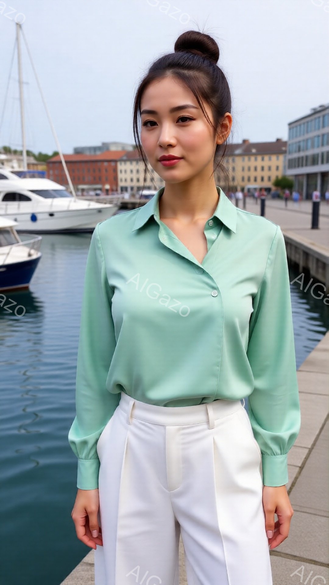 明るい緑色のブラウスと白いパンツを身につけた女性が写っています。彼女は髪を後ろでまとめ、口元には控えめな赤い口紅を塗っています。背景にはヨットや建物が見え、晴れた日の港の風景が広がっています。