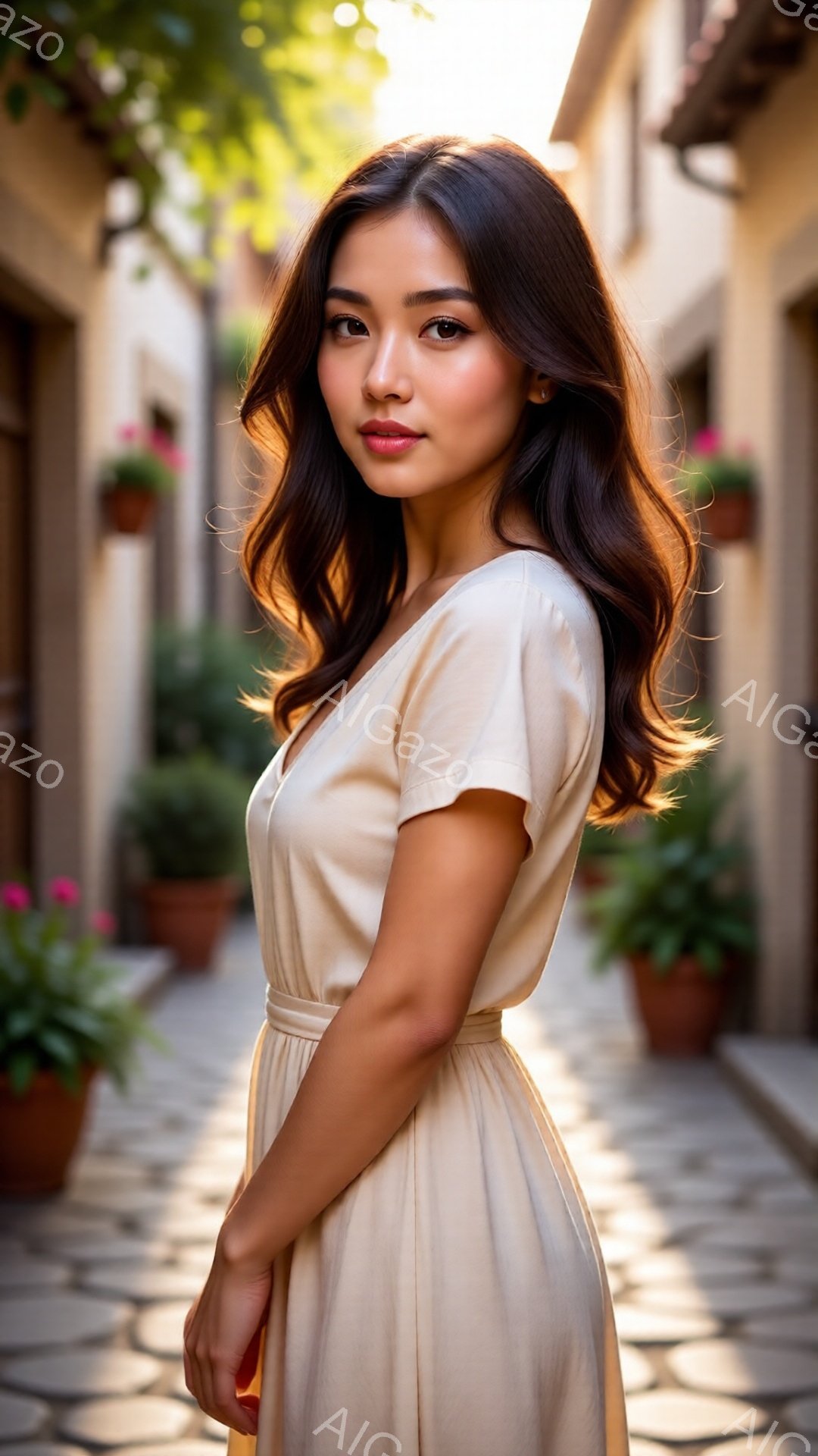 長い巻き毛の髪と、明るいベージュ色のワンピースを着た女性が、石畳の道に沿って立っている。彼女は少し微笑んでおり、背景にはテラコッタの植木鉢が並んだ石造りの建物が広がっている。日差しが強く、全体的に温か - AI生成フリー素材