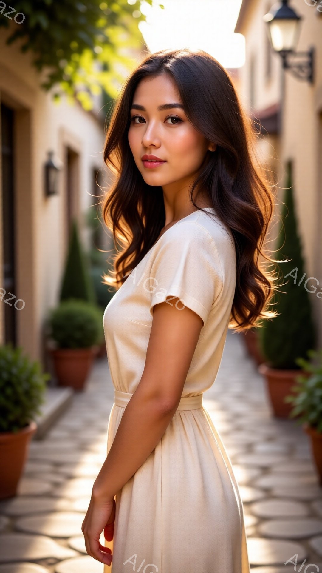 明るい日差しの下、ベージュ色のワンピースを着た女性が、石畳の道に立っている。彼女は肩を少し内側に曲げ、遠くを見つめるように姿勢を正している。背景には、テラコッタの植木鉢が並び、緑の茂みと石造りの建物が広がっており、穏やかで温かい雰囲気を醸し出している。