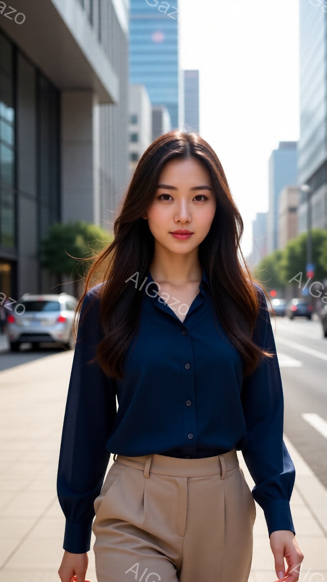 画像は、ベージュ色のパンツと濃い青色のブラウスを着た若い女性が写っています。彼女は長い髪をなびかせ、わずかに微笑んでカメラを見つめており、自信に満ちた表情です。背景には近代的な高層ビルが立ち並び、晴れ - AI生成フリー素材