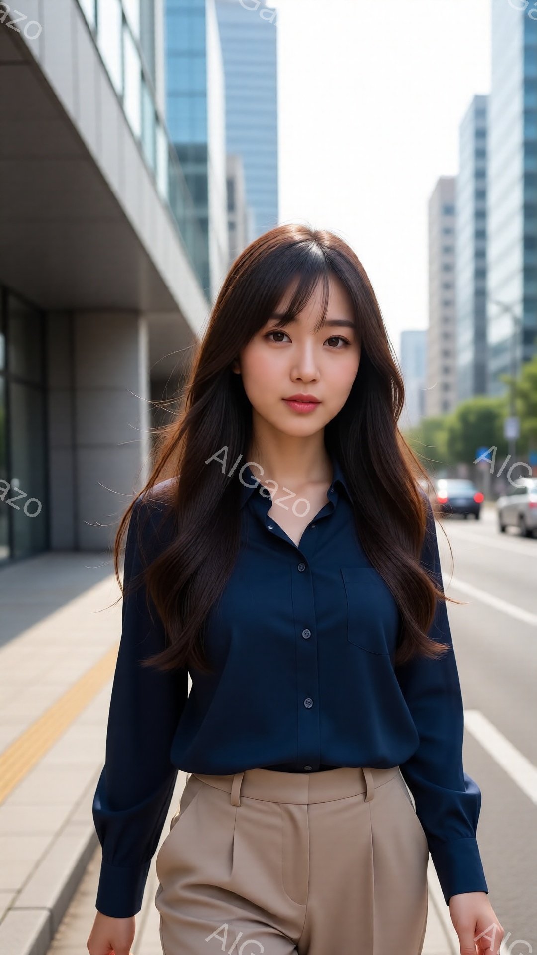 長い茶色の髪をセンターパートにした女性が、濃い青色のシャツとベージュ色のズボンを身につけて立っている。彼女は少し微笑んでおり、落ち着いた表情をしている。背景には近代的な高層ビルが立ち並び、晴れた日の都 - AI生成フリー素材