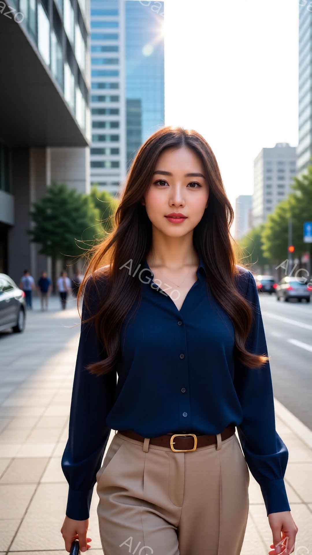 この女性は紺色のブラウスとベージュ色のパンツを着用し、茶色のベルトでウエストを締め、カジュアルながらも洗練された印象を与えています。長く艶やかな髪は肩にかかり、顔は正面を向き、口元に微笑みを浮かべています。背景には近代的な高層ビルが立ち並び、歩道上を進む彼女の姿は、晴れた日の都会の風景に溶け込んでいます。