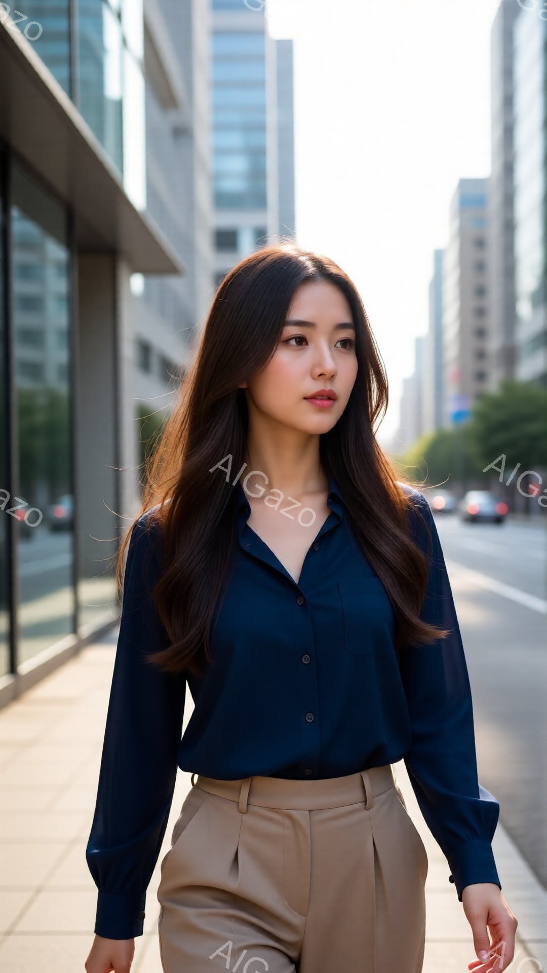 深い青色のブラウスとベージュ色のパンツを着用した女性が写っています。髪は長くストレートで、少し肩にかかっています。背景には近代的な建物が立ち並び、晴れた日の都会の風景が広がっています。 - AI生成フリー素材