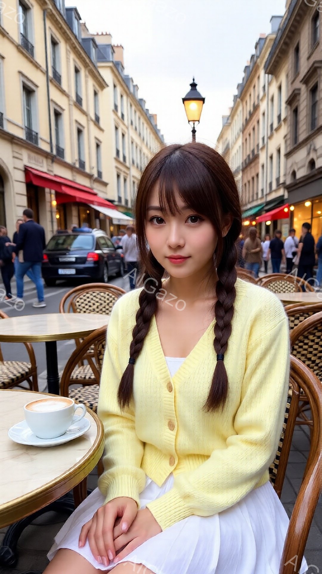 若い女性がパリのカフェに座っており、明るい黄色のカーディガンと白いドレスを着ています。彼女は髪を2つの三つ編みにし、穏やかな笑顔を浮かべています。背景には石畳の道とパリらしい建物が並び、カフェのテラス - AI生成フリー素材
