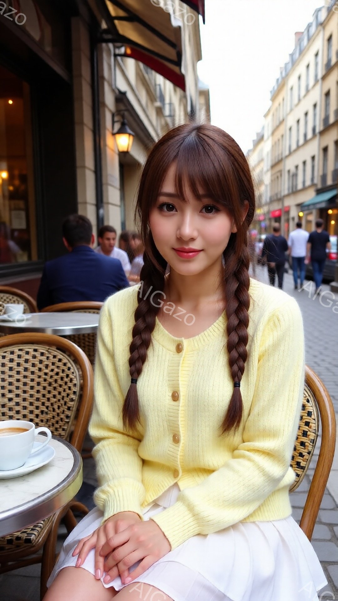 明るい黄色のカーディガンに白いスカートを身につけた若い女性がカフェの椅子に座っています。彼女は三つ編みの髪型で、穏やかな笑顔を浮かべています。背景には石畳の道、カフェのテーブル、そしてパリらしい建物が - AI生成フリー素材