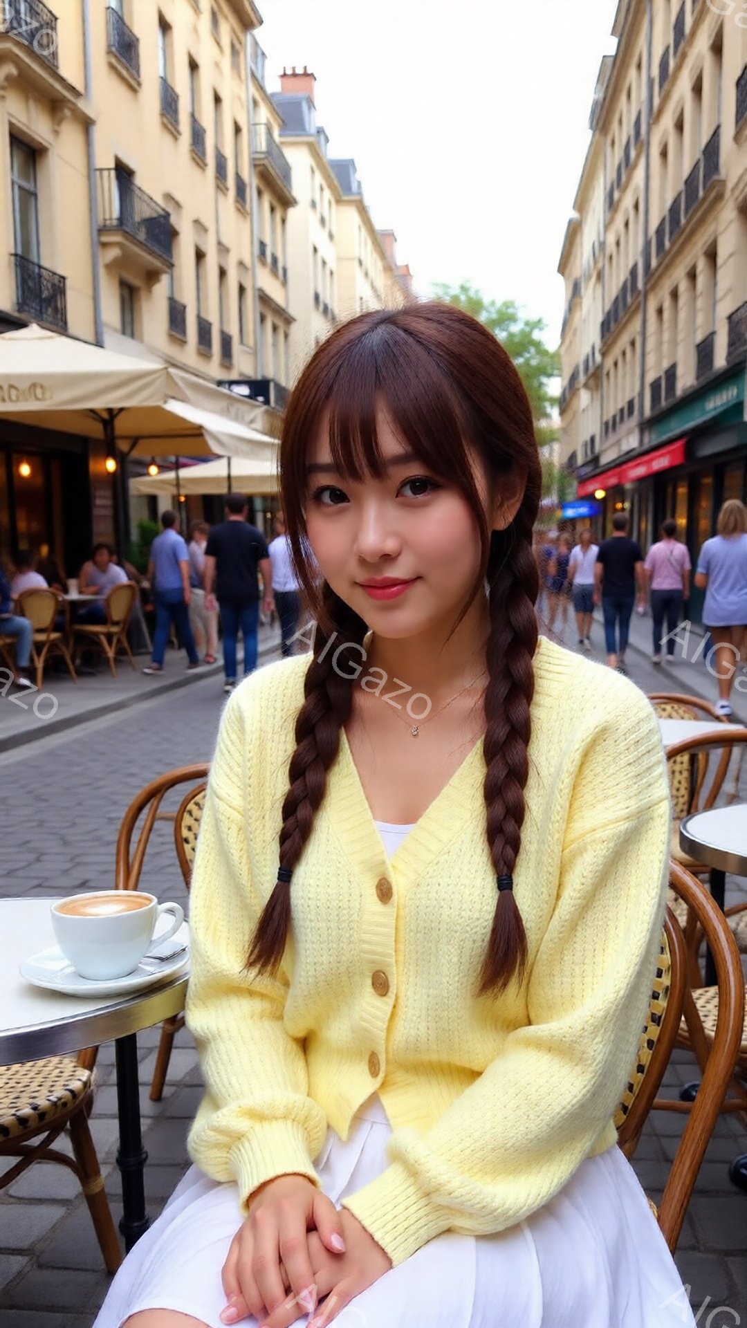 若い女性がカフェの席に座り、カメラに向かって微笑んでいます。彼女は明るい黄色のカーディガンと白いドレスを着ており、髪は2本の三つ編みにされています。背景には石畳の道とカフェが並び、晴れた日の穏やかな雰囲気が漂っています。