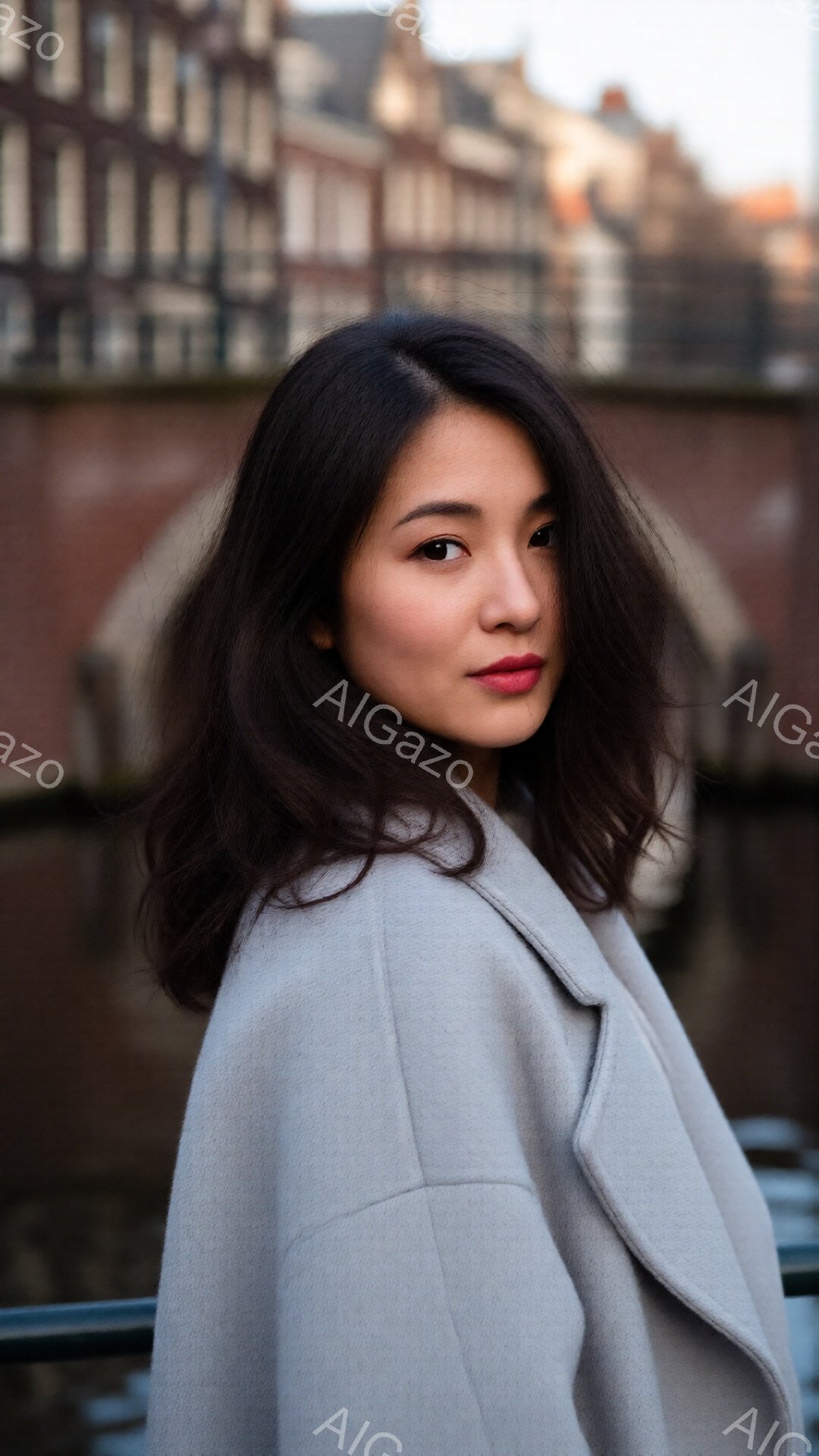 灰色のコートを着た女性が写っています。彼女は少し微笑んでおり、ダークブラウンのウェーブのかかった髪をしています。背景には運河とレンガ造りの建物がぼやけており、穏やかで少し憂鬱な雰囲気が漂っています。