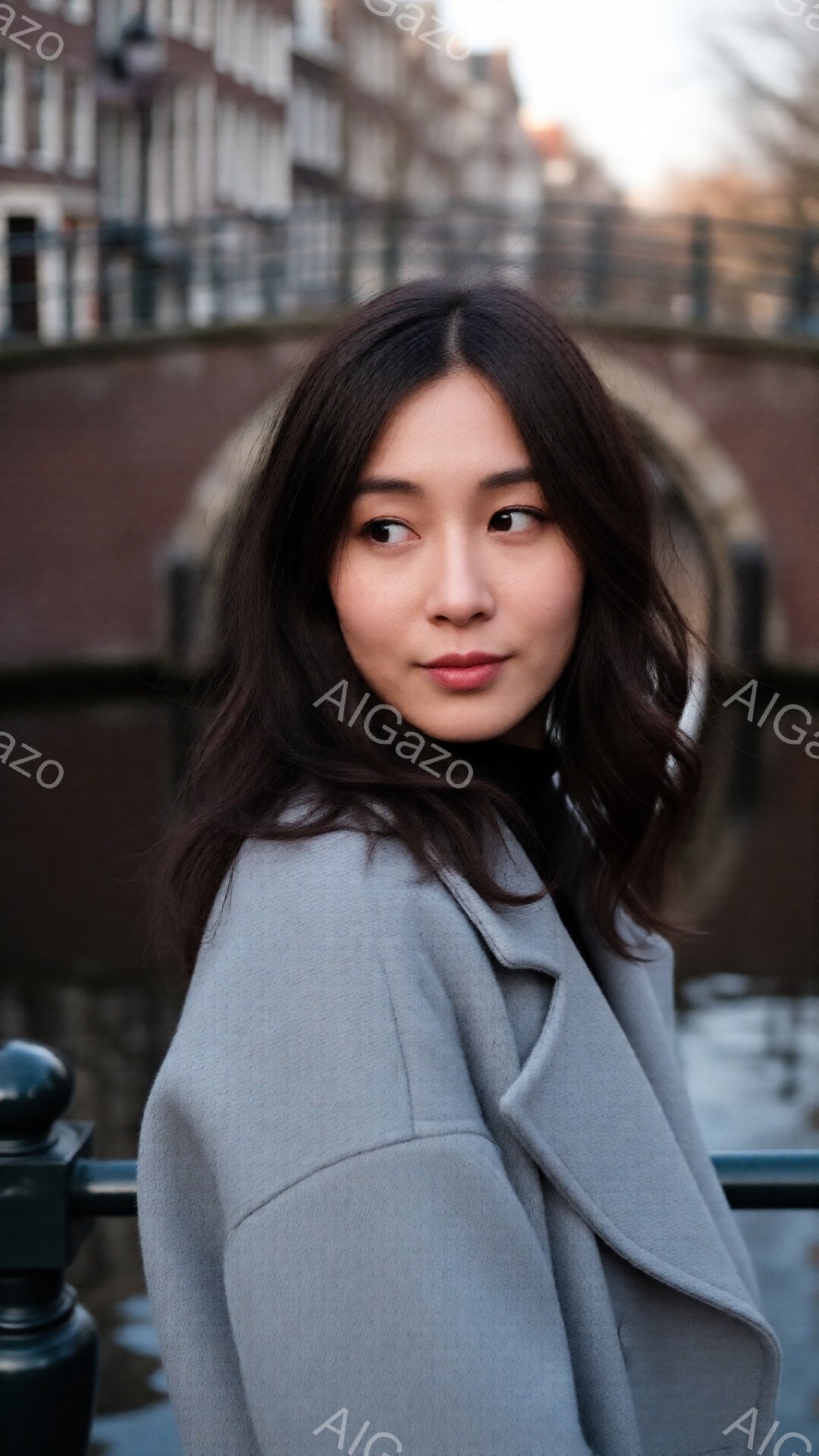 黒髪の女性がグレーのコートを着て、少し横を向いてカメラを見ている。彼女の表情は穏やかで、少し微笑んでいるように見える。背景には、運河と歴史的な建物があり、全体的に静かで落ち着いた雰囲気である。