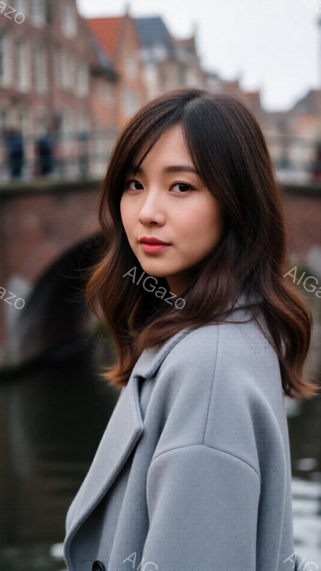 長い茶色の髪を肩まで下ろし、グレーのコートを着た若い女性が写っています。彼女は少し微笑み、カメラの方を向いています。背景には、運河と古いレンガ造りの建物があり、曇天の下で静かで落ち着いた雰囲気が漂っています。