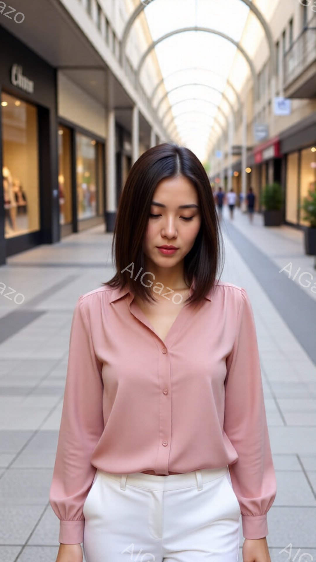 画像には、薄いピンク色のブラウスと白いズボンを着用した女性が写っています。彼女はストレートで肩にかかる程度の長さの茶色の髪をしており、少し下を向いて表情は穏やかです。背景は、アーチ状の屋根が連なる明るい歩道で、商業施設や人々が見え、全体的に洗練された雰囲気です。