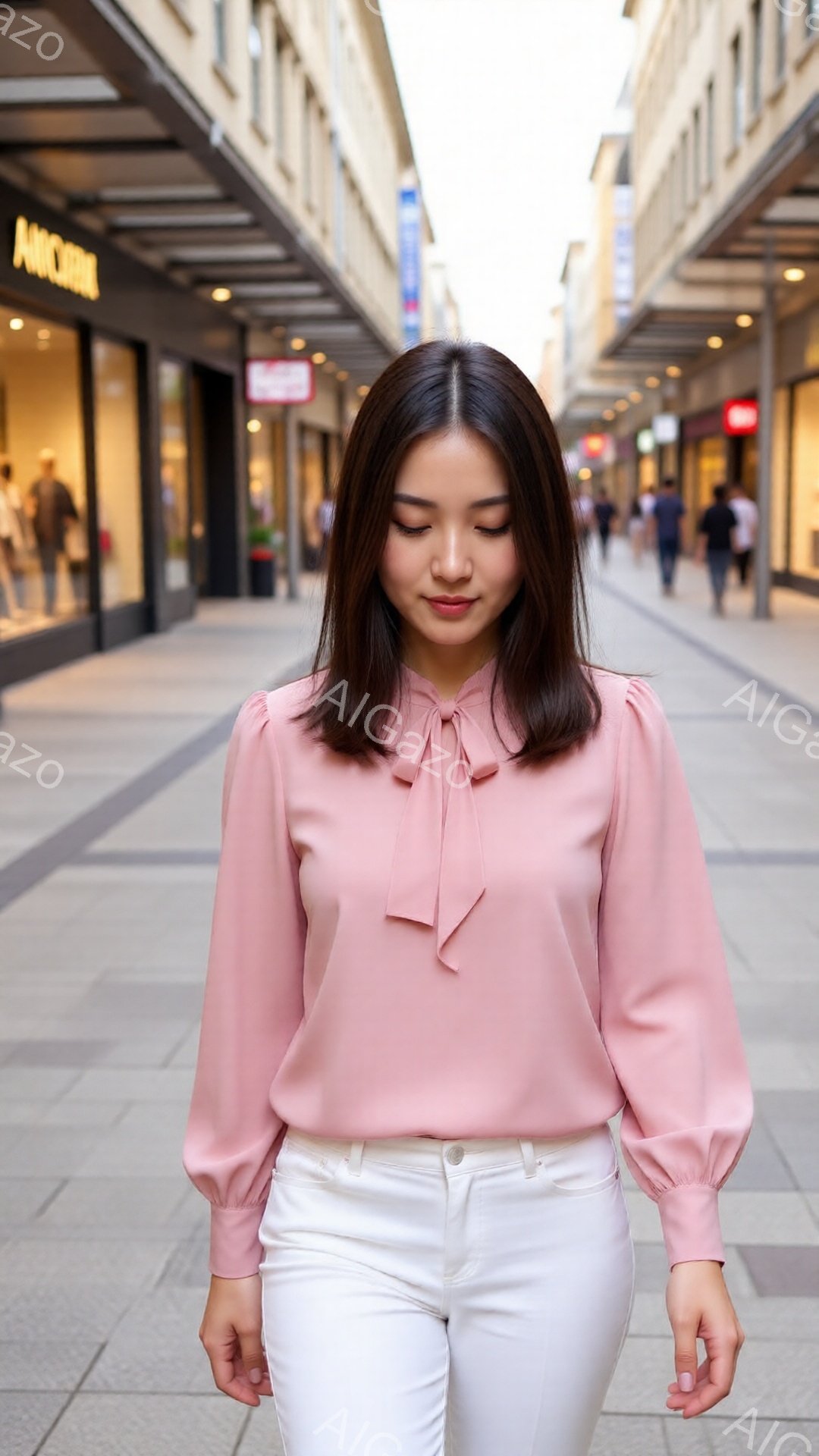 淡いピンク色のブラウスに白いパンツを合わせた女性が写っている。彼女は少し微笑んでおり、髪は肩にかかる長さで、自然なウェーブがかかっている。背景には石畳の歩道と両側に店舗が並ぶ通りが広がり、晴天の下で穏やかな雰囲気が漂っている。