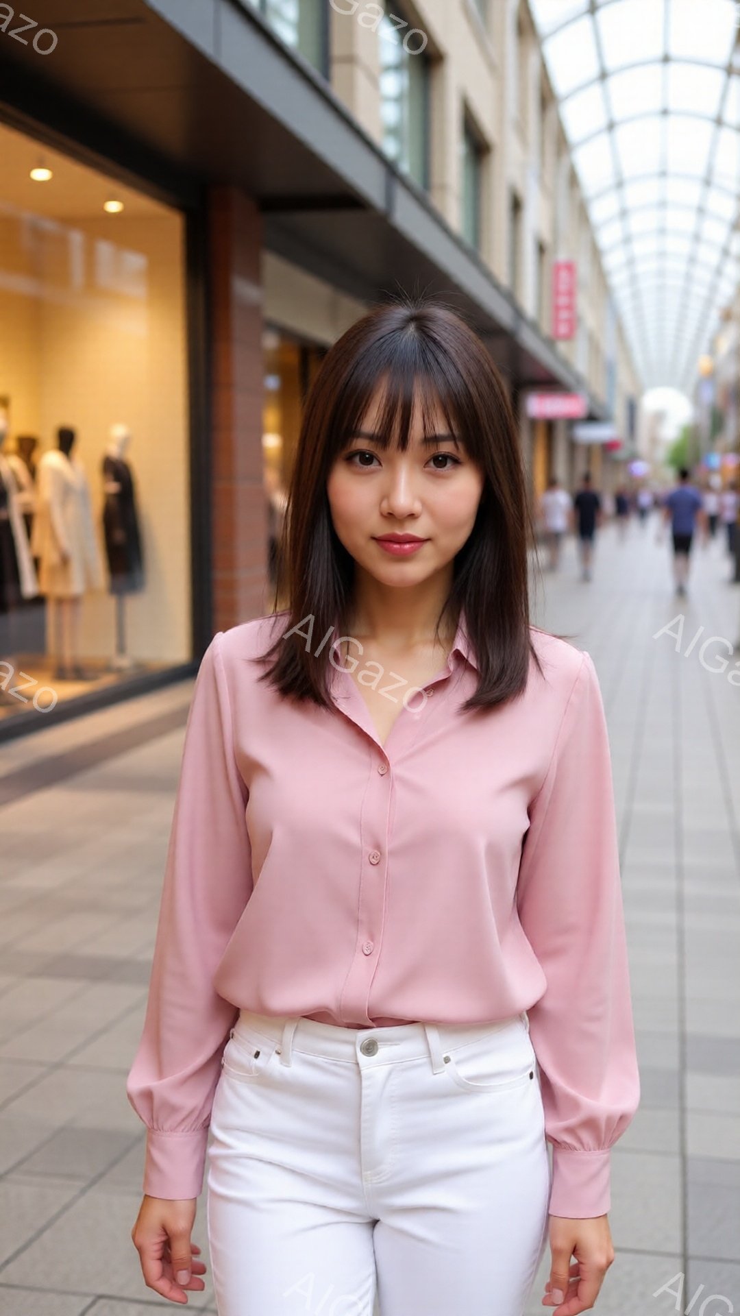 画像には、ピンク色のブラウスと白いジーンズを身につけた女性が写っています。彼女はストレートヘアで、少し微笑んでいます。背景には、アーケード街が広がり、多くの人が歩いています。