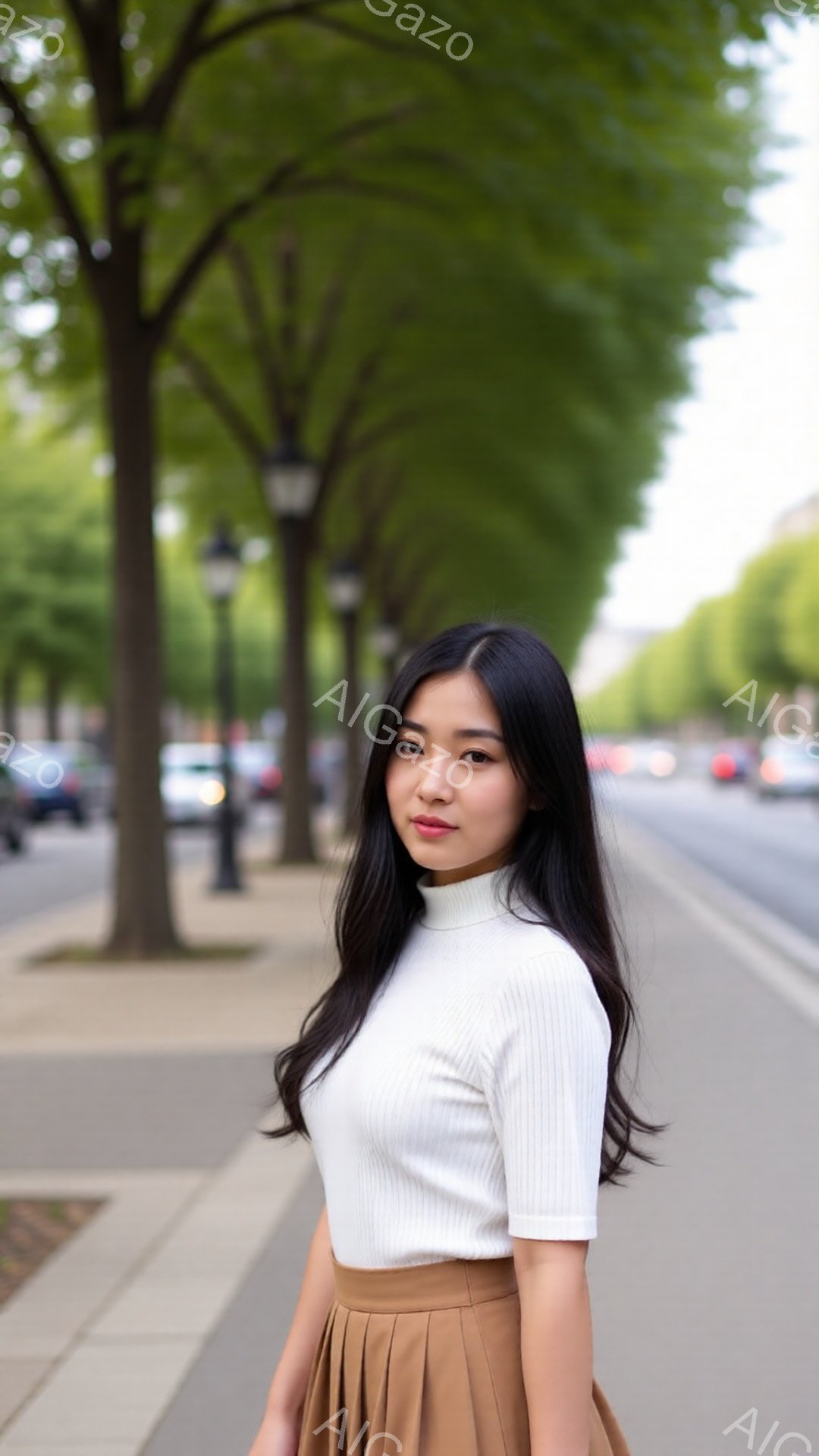 長い黒髪を肩にかけた若い女性が、白のトップスとキャメルのスカートを身に着けて立っています。彼女はわずかに微笑んでおり、視線はカメラから少し外れています。背景には緑豊かな木々が並ぶ通りが広がり、天候は晴 - AI生成フリー素材
