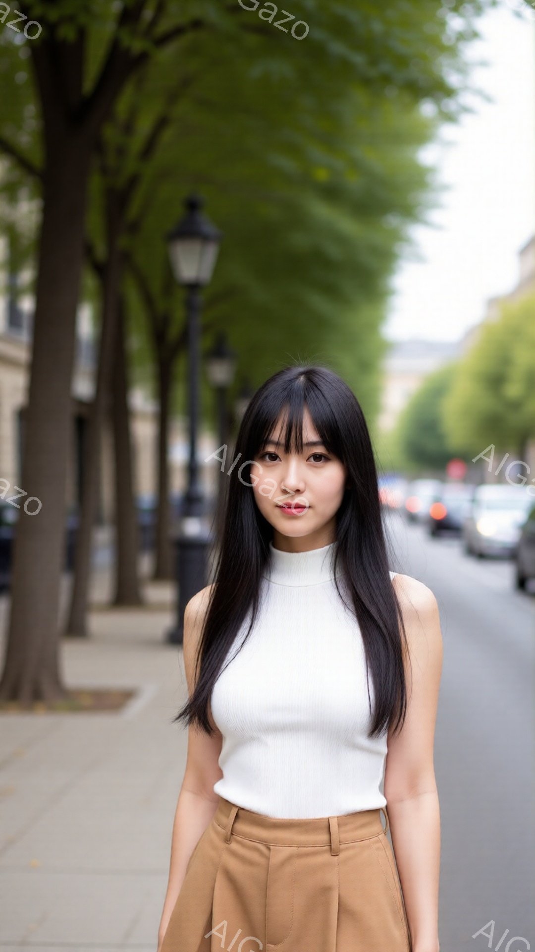 長い黒髪をストレートに伸ばした女性が、白いタンクトップとベージュのワイドパンツを身に着けて立っている。彼女は正面をまっすぐ見ており、落ち着いた表情をしている。背景には緑豊かな並木道が広がり、遠くに建物や車が見える、晴れた日の穏やかな雰囲気である。