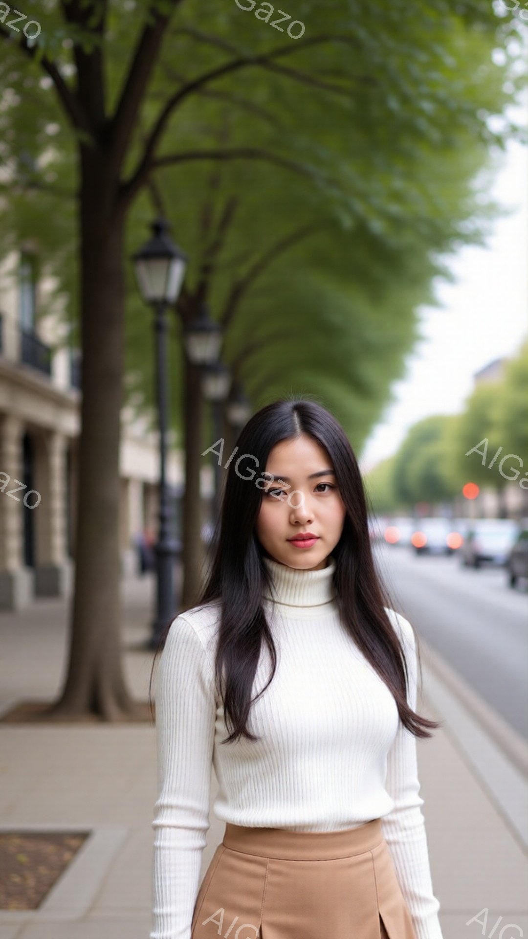 長い黒髪をセンターパートにした女性が、クリーム色のタートルネックセーターとキャメル色のスカートを身に着けて立っている。彼女は正面をまっすぐ見つめ、わずかに微笑んだ表情をしている。背景には街路樹が並び、遠くに建物と車両が見える晴れた日の街並みが広がっている。