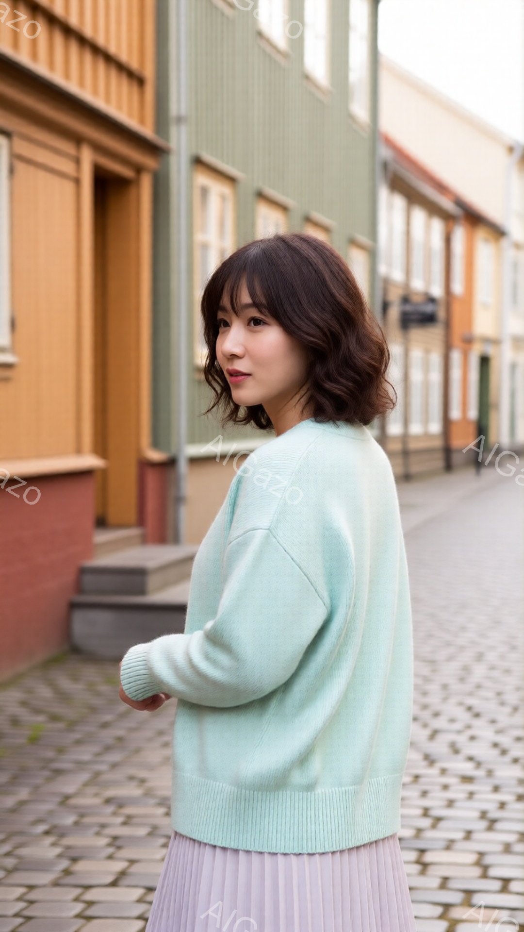 明るいミントグリーンのセーターを着た若い女性が、薄いピンク色のプリーツスカートを履いて立っています。彼女は少し振り返ってこちらを見ており、穏やかな表情を浮かべています。背景にはカラフルな木造建築が並び - AI生成フリー素材