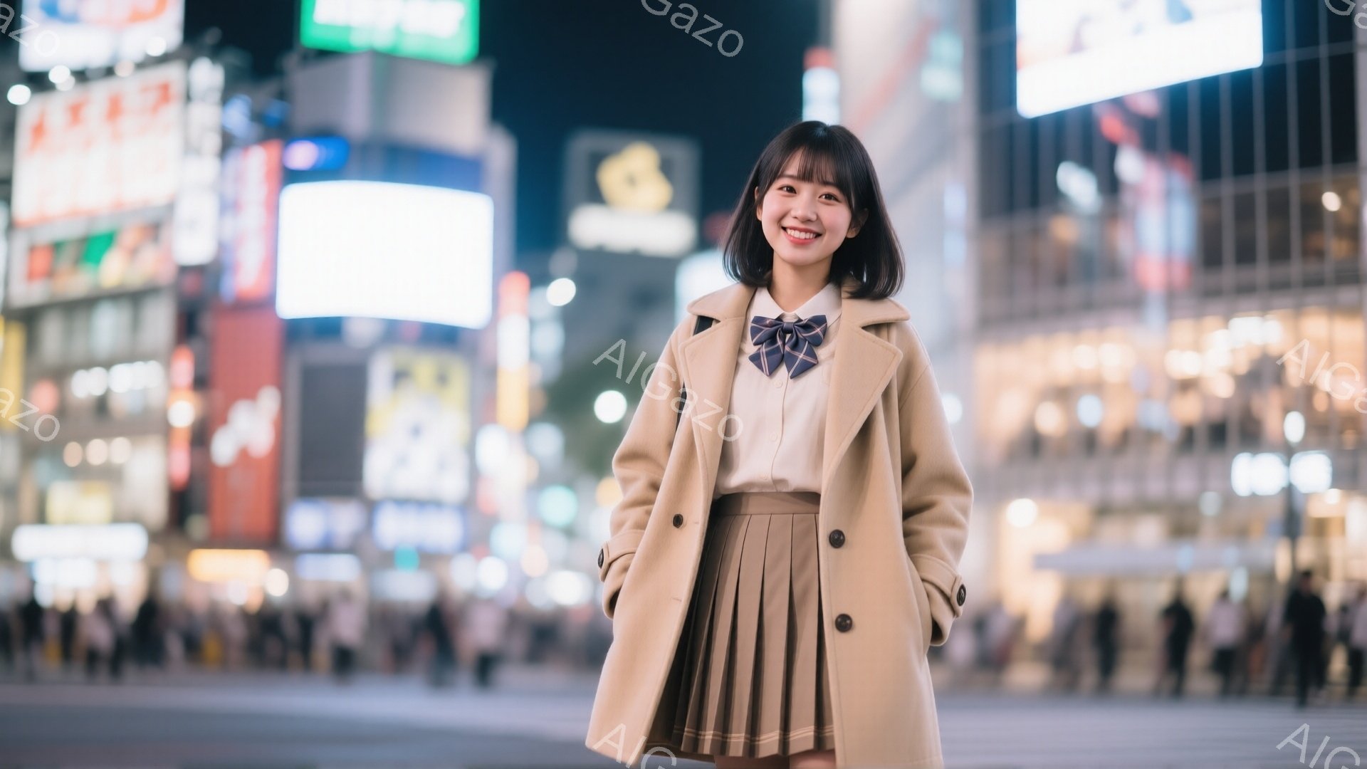若い女性が、明るい街路に立っており、ベージュ色のオーバーコート、白いシャツ、ネクタイ、プリーツスカートという制服のような服装をしています。彼女は微笑んでおり、両手をポケットに入れています。背景には、夜 - AI生成フリー素材