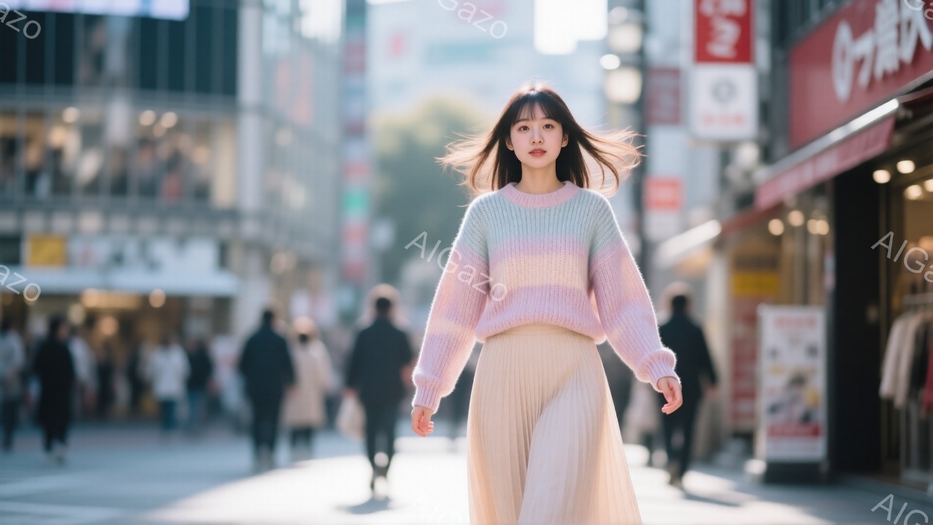 若い女性が、淡いピンクと水色のグラデーションのセーターと、プリーツのベージュのスカートを着て、街路を歩いている。彼女は髪を軽くカールさせ、笑顔で前を見ている。背景には、ぼやけた人々や建物が写り込み、晴 - AI生成フリー素材
