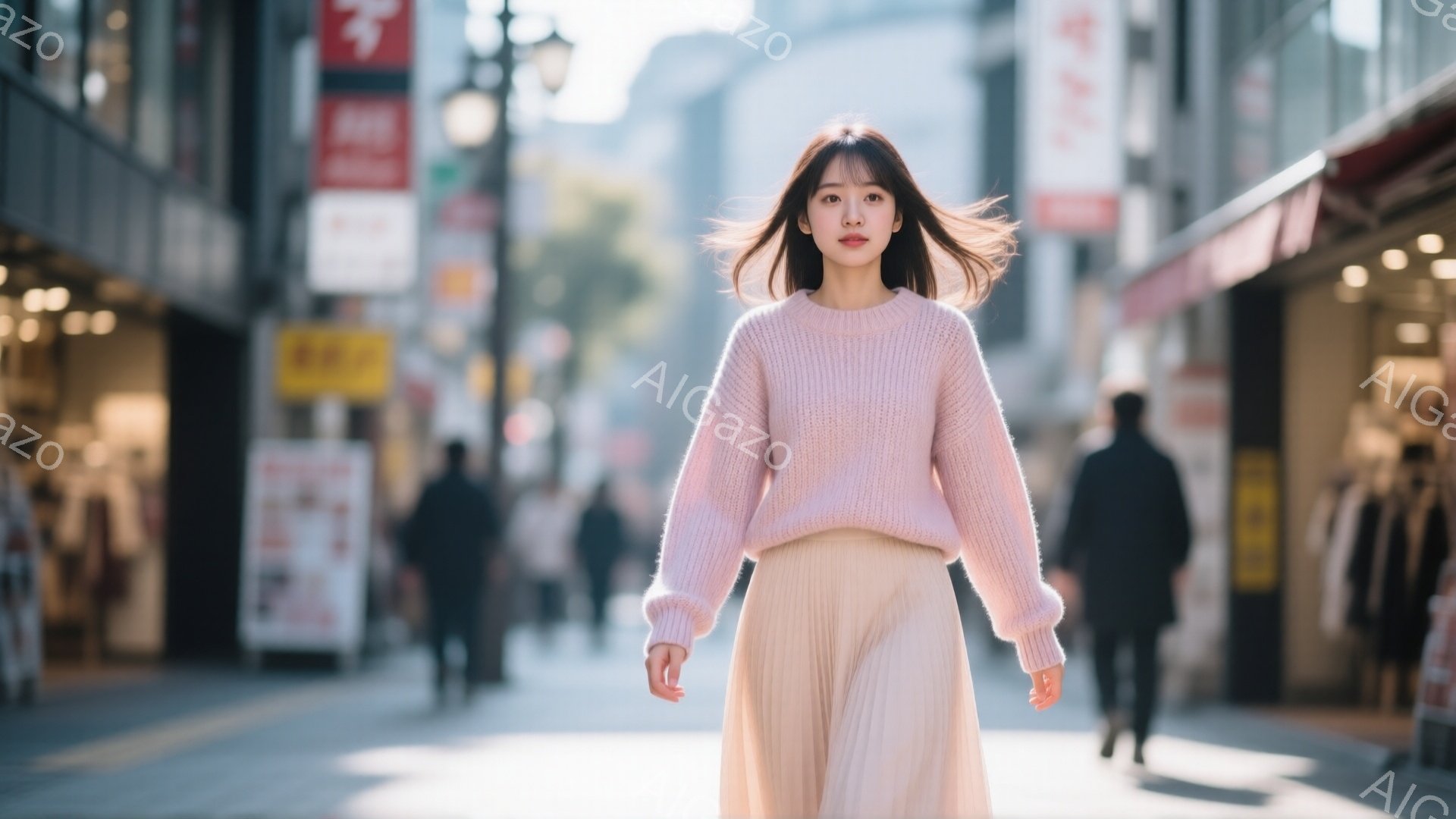 浅いピンク色のセーターと薄いピンクのプリーツスカートを着用した若い女性が、石畳の通りを正面から歩いてくる様子が写っている。彼女は髪を後ろに流し、穏やかな表情でカメラを見つめている。背景には商店や歩行者 - AI生成フリー素材