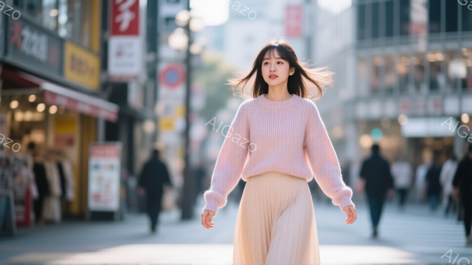 明るいピンク色のセーターと、ふんわりとした薄いピンク色のスカートを着た若い女性が、人通りの多い通りを歩いている。彼女は長い髪をなびかせ、少し上目遣いをして微笑んでいる様子から、晴れた日を楽しんでいる様 - AI生成フリー素材
