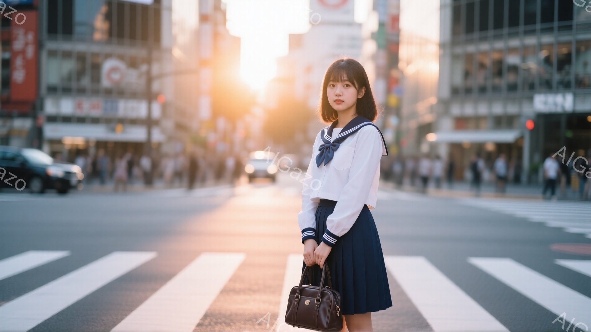 制服姿の若い女性が横断歩道に立っている。紺色のスカートと白のブラウス、リボンが特徴的なセーラー服を着ており、茶色のハンドバッグを持っています。背景には高層ビルが立ち並び、夕日の光が差し込み、都会的で少しノスタルジックな雰囲気を醸し出しています。