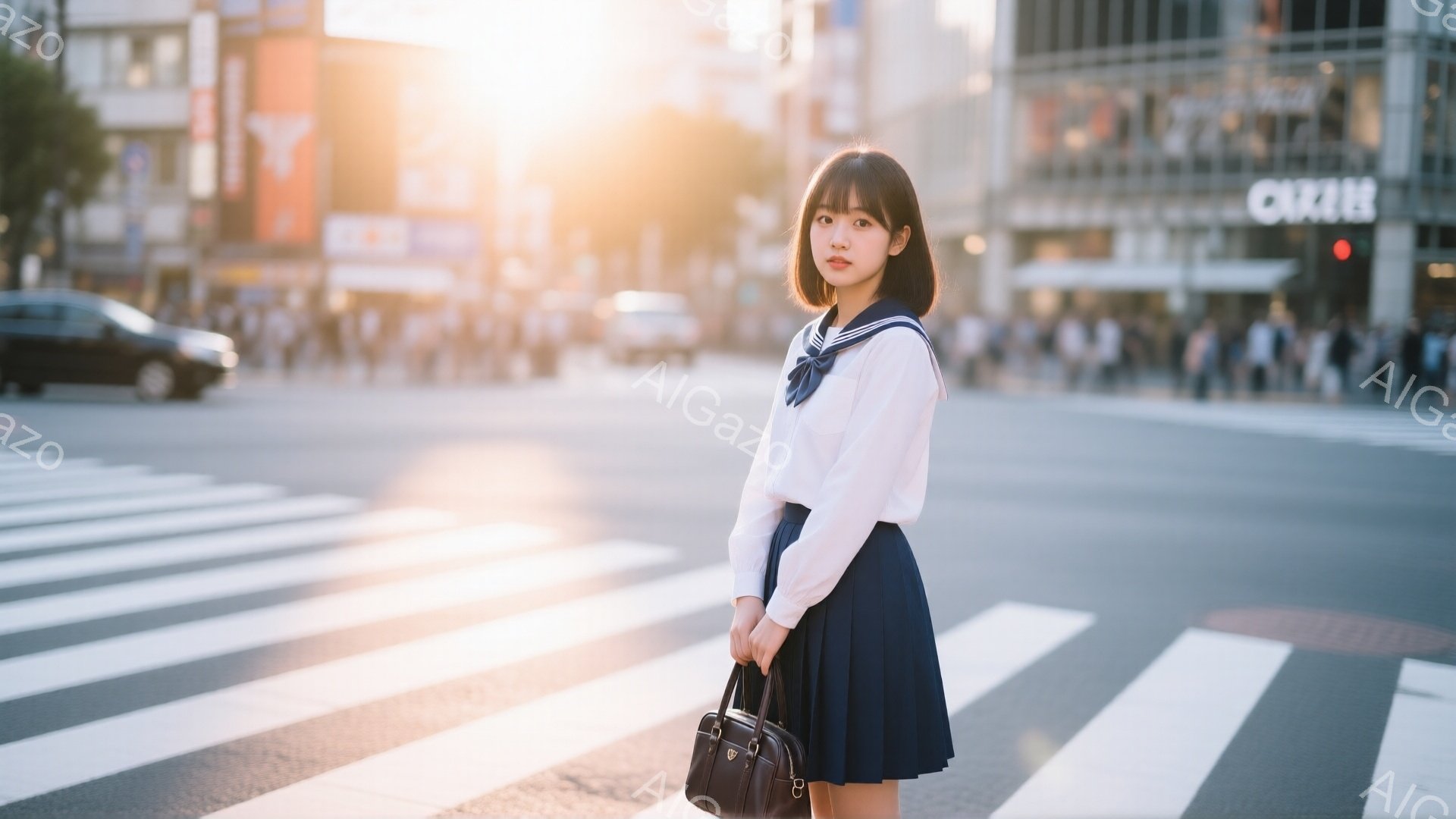 制服を着た若い女性が、横断歩道に立っています。彼女は白いブラウスに紺色のスカート、そしてリボンをつけており、肩にかけたカバンを持っています。背景には高層ビルが並び、天候は晴れで、全体的に明るく清潔な印象を与えます。