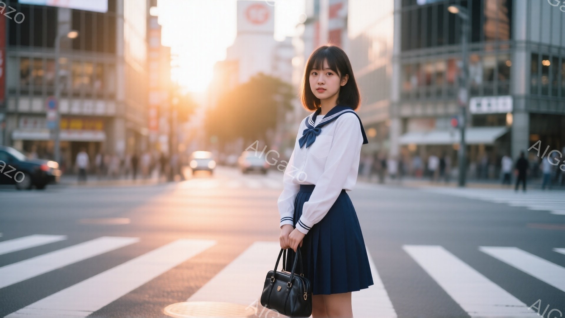 制服を着た若い女性が、横断歩道に立っている。白いブラウスと紺色のプリーツスカート、リボンが特徴的で、手に黒いハンドバッグを持っている。背景には高層ビルが立ち並び、夕焼けの光が差し込み、都会的で少しノスタルジックな雰囲気を醸し出している。