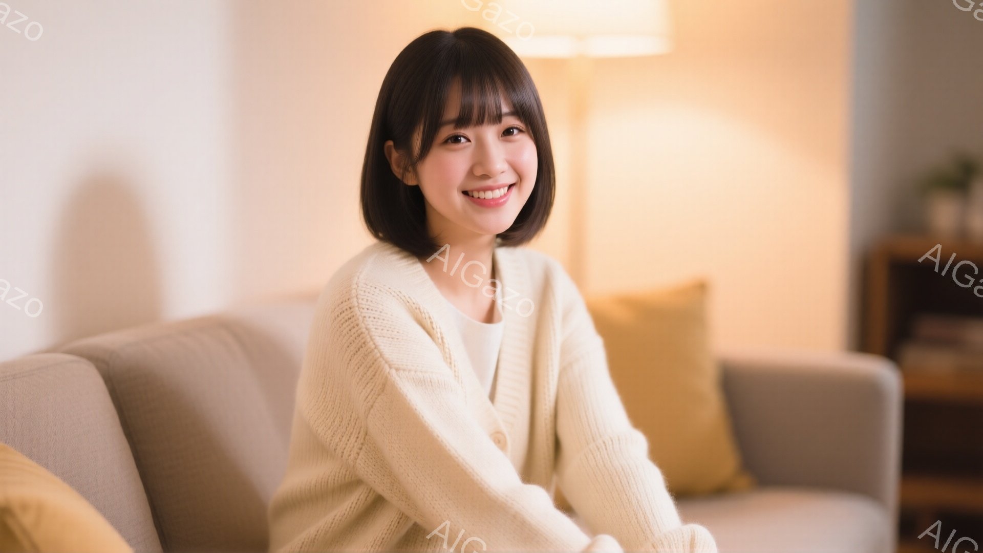 明るい茶髪のショートヘアの女性が、ベージュのニットカーディガンを着てソファに座っています。彼女は微笑んでおり、リラックスした雰囲気が漂っています。背景には、木製の棚と間接照明があり、温かく落ち着いたリ - AI生成フリー素材