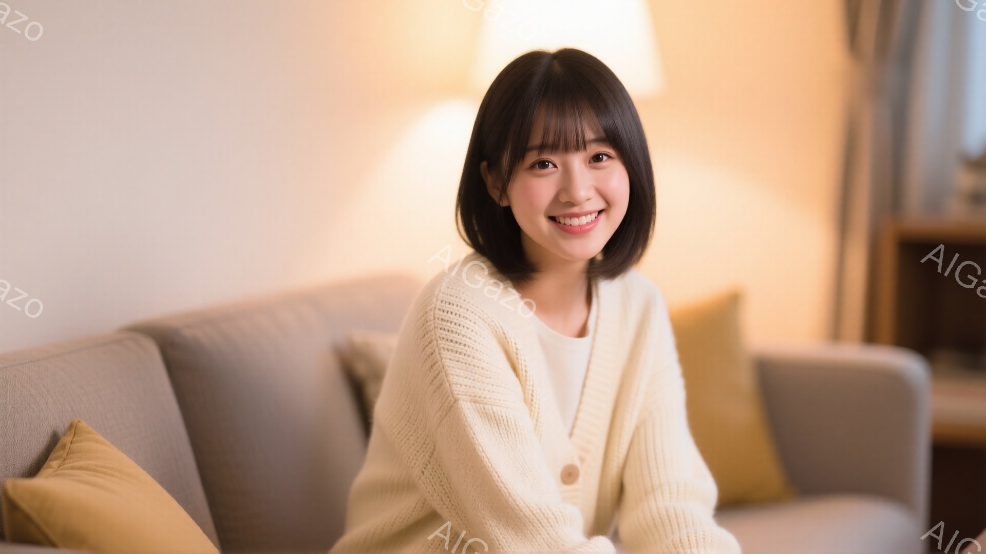 明るいリビングで、若い女性がソファーに座って微笑んでいる。オフホワイトのニットカーディガンを着ており、前髪のある肩までの長さの茶髪が特徴的だ。背景にはぼやけた家具が見え、全体的に温かく穏やかな雰囲気で - AI生成フリー素材