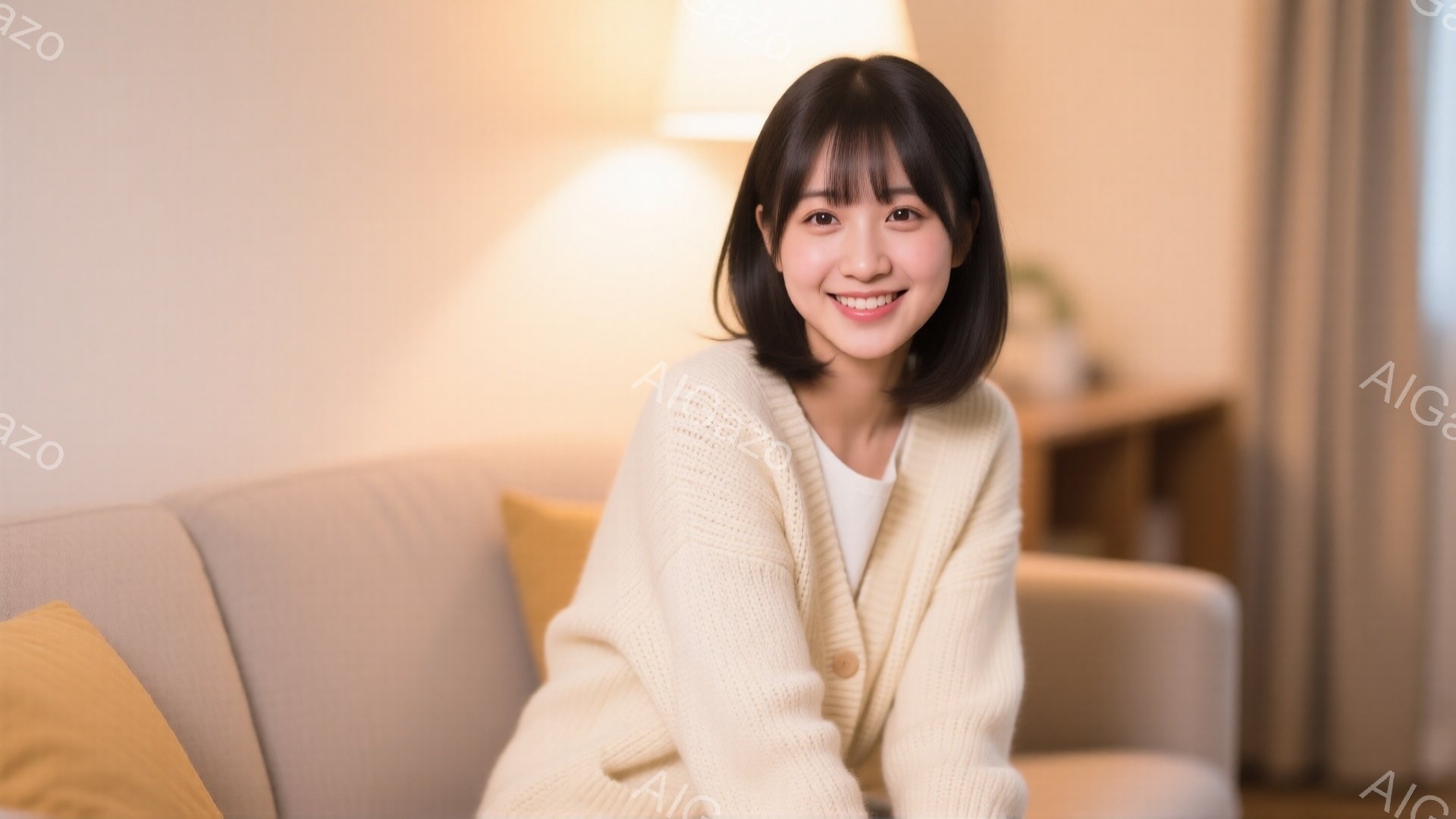 画像に写っている女性は、ベージュ色のざっくりとしたカーディガンを着て、白いインナーを着用しています。彼女は軽く微笑み、前髪を下ろしたショートヘアで、ソファにリラックスして座っています。背景には木製の棚 - AI生成フリー素材