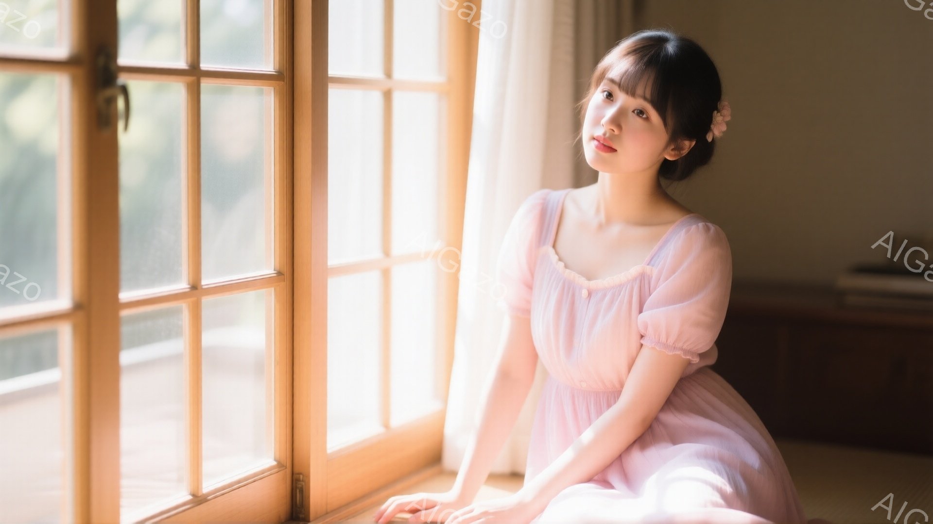 明るい窓辺に座る若い女性は、淡いピンク色のパフスリーブのワンピースを着ており、髪は後ろでまとめられ、小さな花飾りをつけている。彼女はわずかに微笑み、優しく穏やかな表情で、リラックスした姿勢で座っている。背景には畳の部屋と、木製の家具が見え、全体的に柔らかく、温かい、ノスタルジックな雰囲気が漂っている。