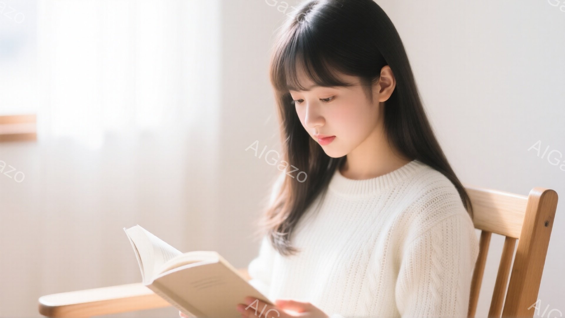 長い黒髪をセンターパートにした若い女性が、白いセーターを着て椅子に座り、本を読んでいます。彼女は少し微笑み、穏やかな表情をしています。背景はぼやけていますが、明るい光が差し込み、部屋全体が温かく優しい雰囲気に包まれています。
