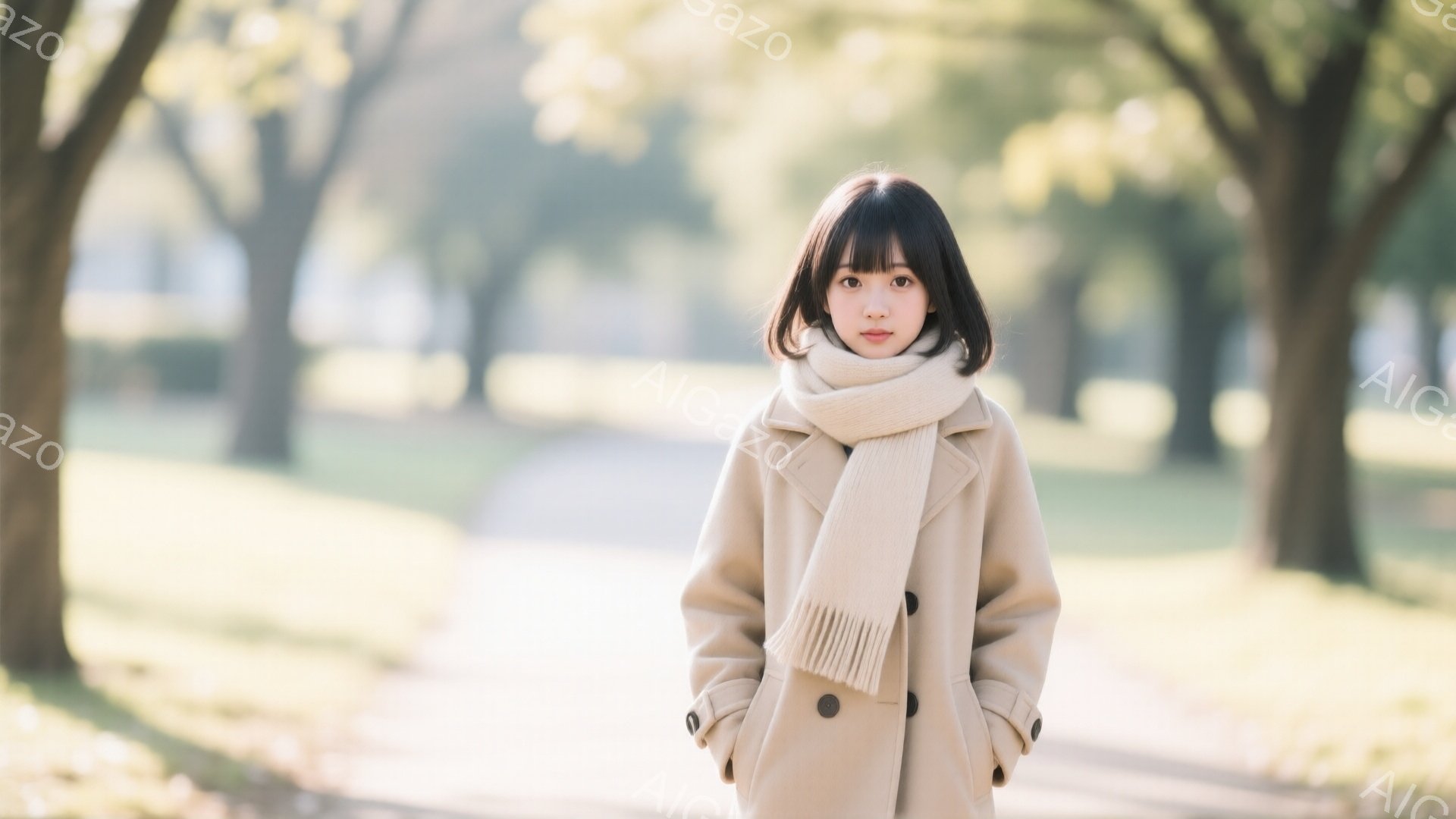 若い女性がベージュ色のコートとマフラーを身につけ、穏やかな表情で正面を見つめています。彼女は短い茶色の髪をしており、背景にはぼやけた緑の芝生と並木道が広がっています。全体的に、柔らかい光が差し込み、落ち着いた温かい雰囲気を醸し出しています。
