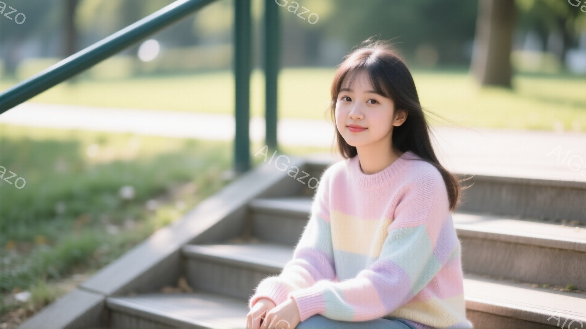 若い女性がコンクリートの階段に座っており、パステルカラーのブロック状に色分けされたセーターを着ています。彼女は長い黒髪で、少し微笑んでおり、リラックスした表情をしています。背景には緑豊かな木々と穏やか - AI生成フリー素材