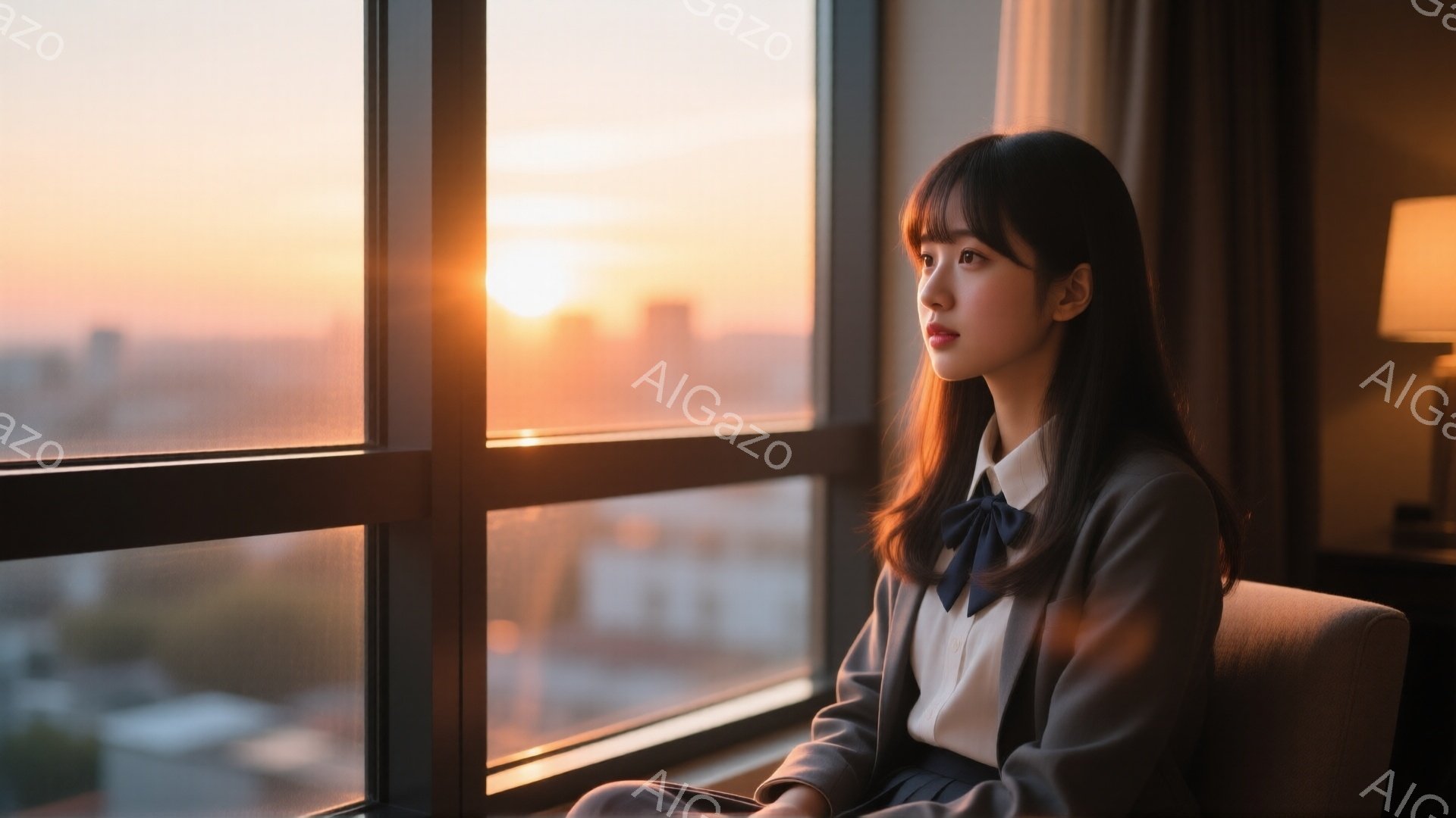 長い黒髪をセンターパートにした若い女性が窓辺に座り、遠くを見つめています。紺色のリボン付きの白いブラウスとグレーのスカート姿で、少し物憂げな表情を浮かべています。背景には高層ビル群と夕焼け空が広がり、室内は温かい光に包まれています。