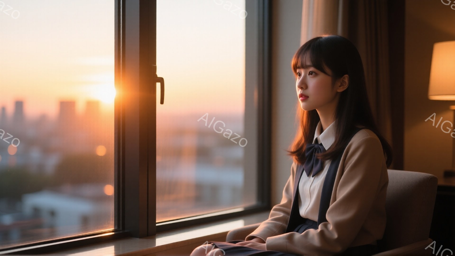 若い女性が窓際に座り、夕焼けの街を見つめている。彼女はベージュ色のジャケットとチェックのスカートを着ており、髪は肩までの長さで、前髪が目にかかっている。その表情はどこか物思いにふけっていて、穏やかな時 - AI生成フリー素材