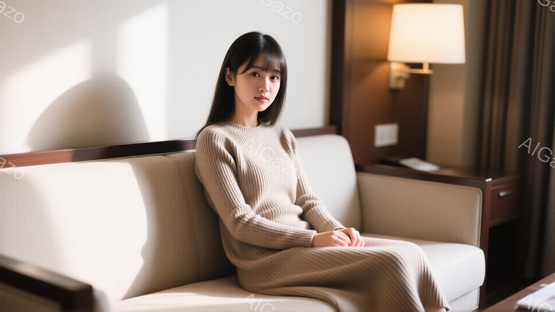 長い黒髪の女性が、ベージュ色のニットワンピースを着てソファに座っています。彼女はリラックスした姿勢で、穏やかな表情を浮かべて正面を見つめています。背景には木製のテーブルと間接照明があり、落ち着いた雰囲気の室内が広がっています。