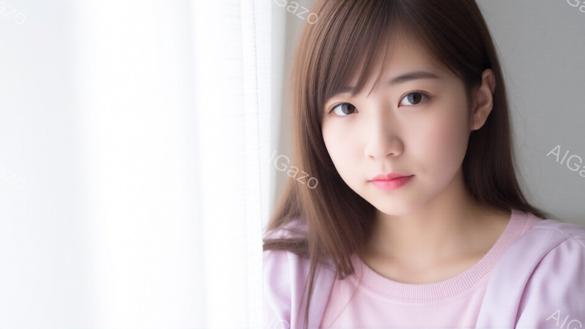 長い茶色の髪をした若い女性が写っています。彼女は薄いピンク色のセーターを着ており、わずかに微笑んでいます。背景は白いカーテンで、柔らかく穏やかな雰囲気を醸し出しています。 - AI生成フリー素材