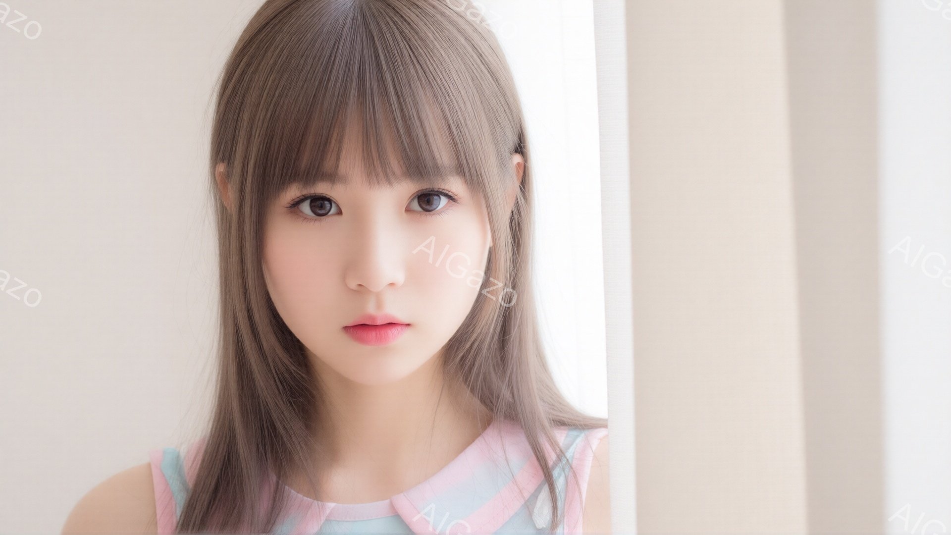 明るい茶色の長い髪の女性が写っている。彼女はピンクと水色のストライプのトップスを着ており、少し微笑んでいる表情でカメラを見つめている。背景は白く、わずかに影が見えるだけで、全体的に柔らかく優しい雰囲気 - AI生成フリー素材