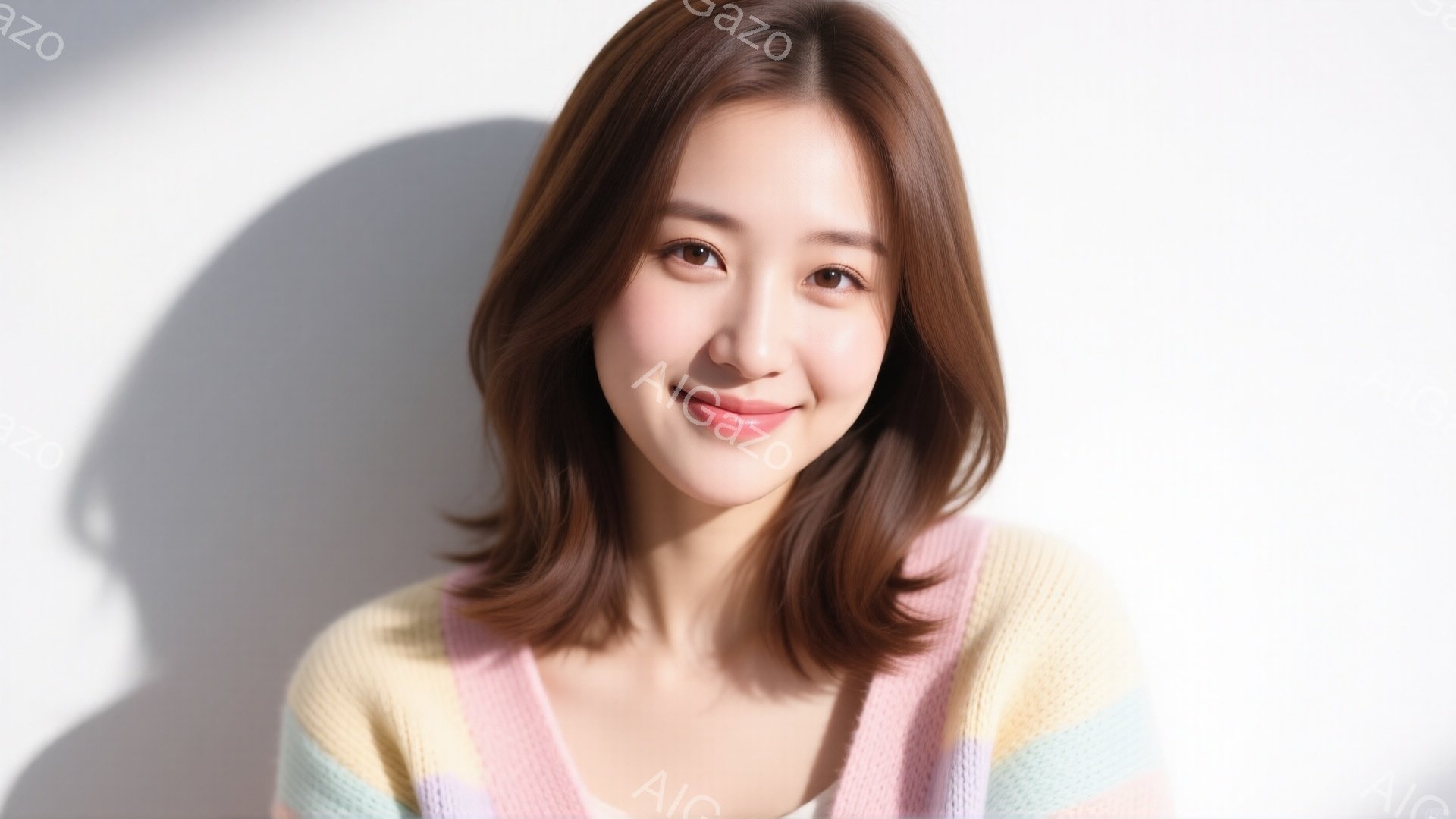 明るい笑顔を浮かべた女性が写っています。明るい茶色の髪は肩にかかるくらいの長さで、カラフルなストライプのカーディガンを羽織っています。背景は白く、女性が際立つようにシンプルにまとめられています。