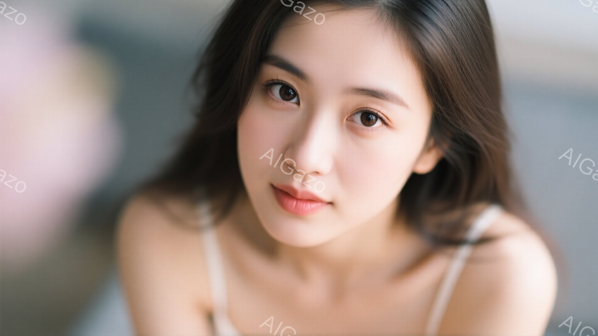 この女性は、肩出しの白いトップスを着て、長いダークブラウンの髪を無造作に肩にかかっています。彼女はカメラに向かって穏やかな微笑みを浮かべ、優しい印象を与えています。背景はぼやけていますが、柔らかい光の - AI生成フリー素材