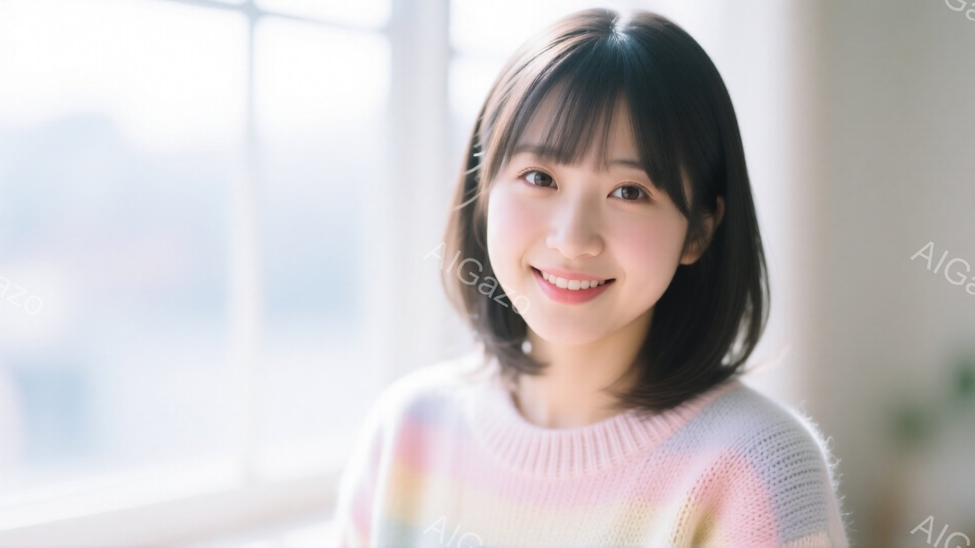 明るい表情の若い女性が写っている。彼女はパステルカラーのセーターを着ており、前髪のあるショートヘアに整えられている。背景は窓で、ぼんやりと建物が見え、全体的に柔らかく温かい雰囲気である。 - AI生成フリー素材