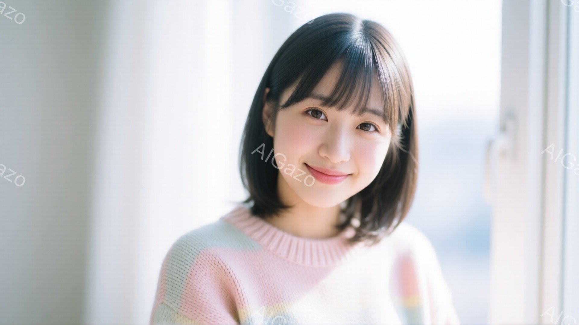 明るい笑顔を見せる若い女性が写っています。彼女はピンクと白のストライプが特徴のセーターを着ており、前髪の短いヘアスタイルにしています。背景はぼやけており、窓からの自然光が彼女を照らしています。 - AI生成フリー素材
