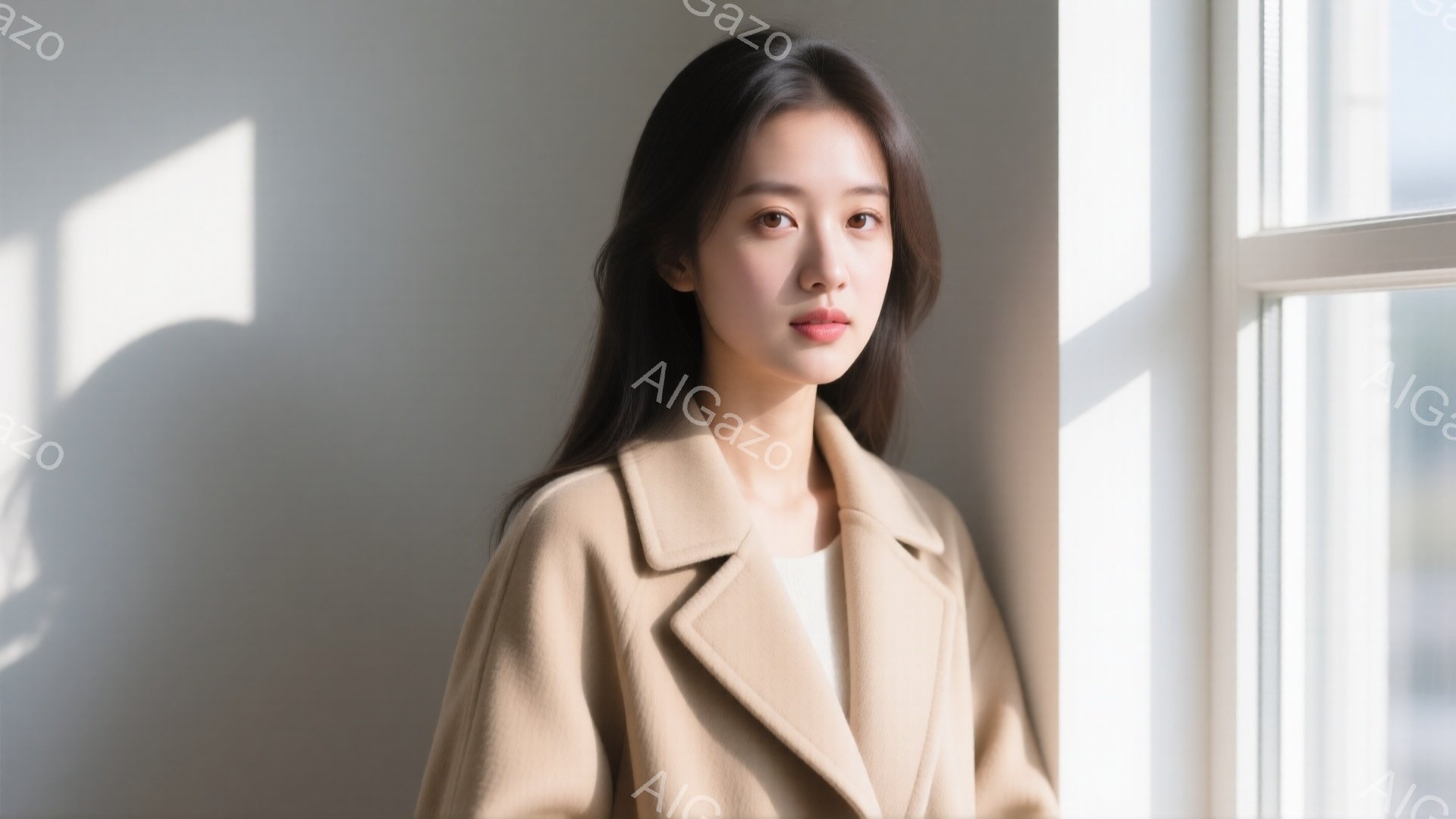 長い黒髪をセンターパートにした女性が、ベージュ色のコートを着て立っている。彼女は正面をまっすぐ見つめ、口元はわずかに微笑んでいるように見える。背景には白い壁と窓があり、光が差し込み、穏やかで洗練された - AI生成フリー素材