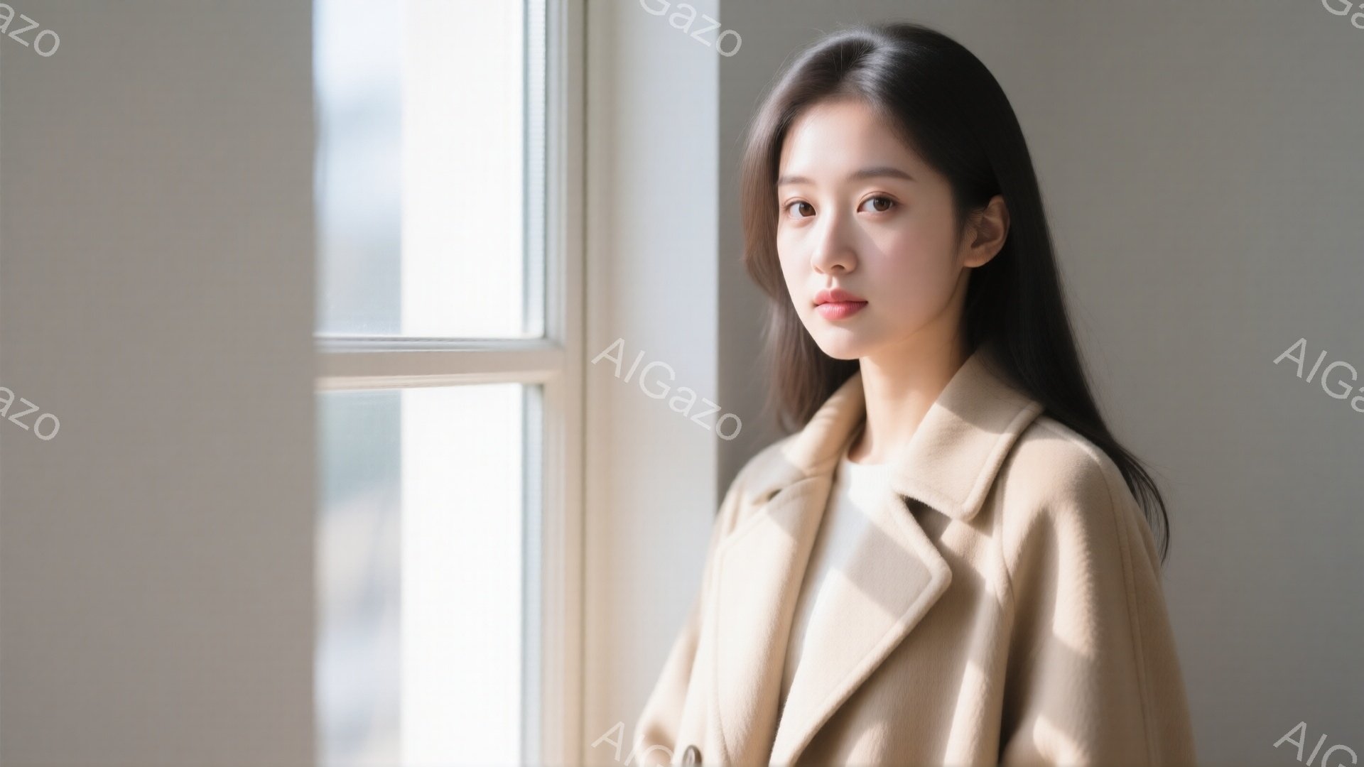 長い黒髪をなびかせた女性が、ベージュ色のコートを着て窓際に立っている。彼女は少し憂いを帯びた表情で、正面をまっすぐ見つめている。背景はぼやけた都市の風景で、柔らかい光が差し込み、全体的に穏やかで物憂げな雰囲気を醸し出している。