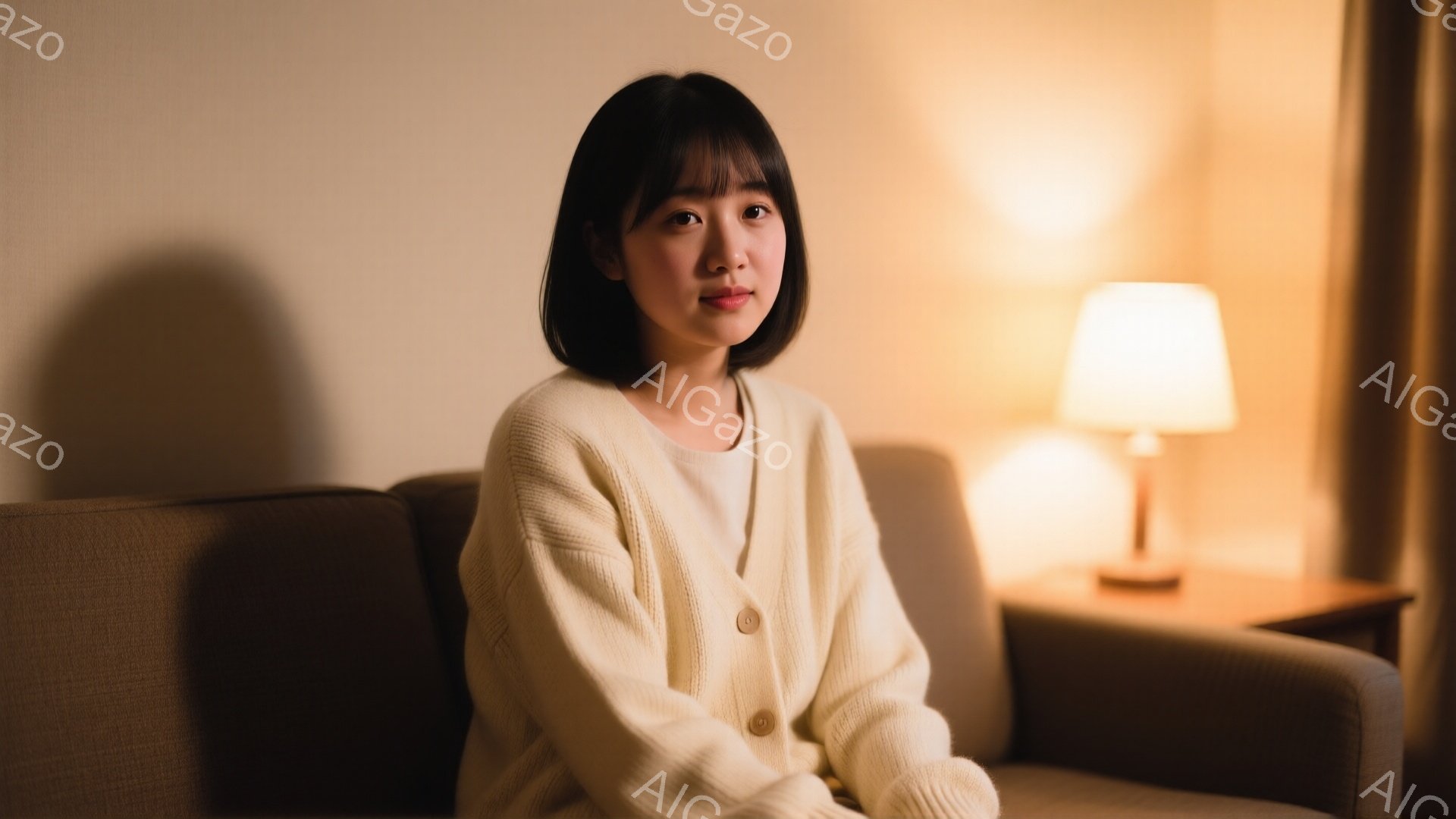 柔らかいクリーム色のカーディガンを着た若い女性が、アームチェアに座って正面を見ています。彼女はダークブラウンのショートボブヘアで、穏やかで少し微笑んだ表情をしています。背景には木製のサイドテーブルとランプがあり、全体的に暖かく落ち着いた雰囲気が漂っています。