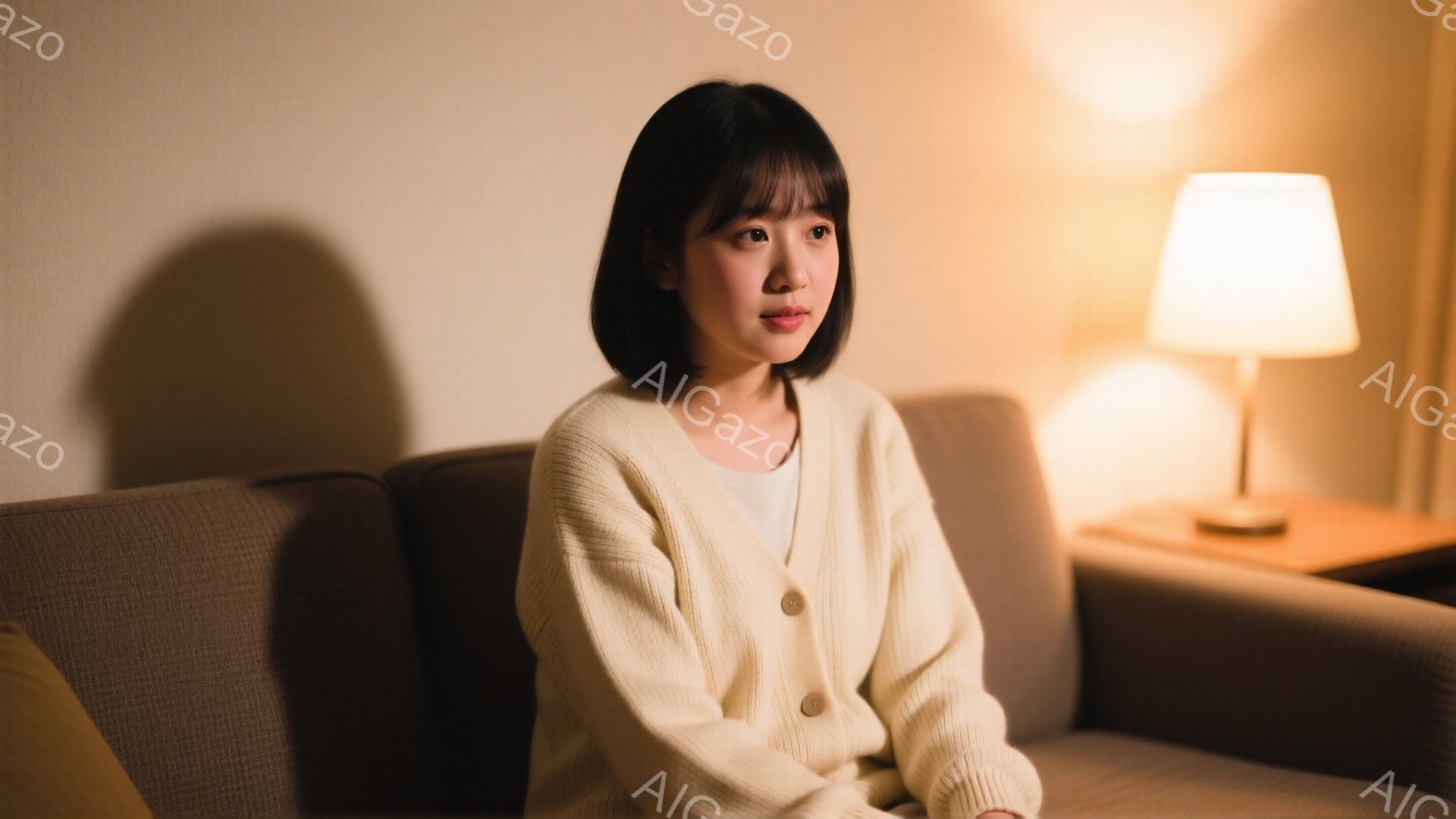 若い女性がソファに座っており、クリーム色のカーディガンを羽織っている。彼女は暗めの茶色の髪を肩のあたりで切り揃えたヘアスタイルで、少し物憂げな表情をしている。背景にはサイドテーブルと電球が置かれた柔ら - AI生成フリー素材